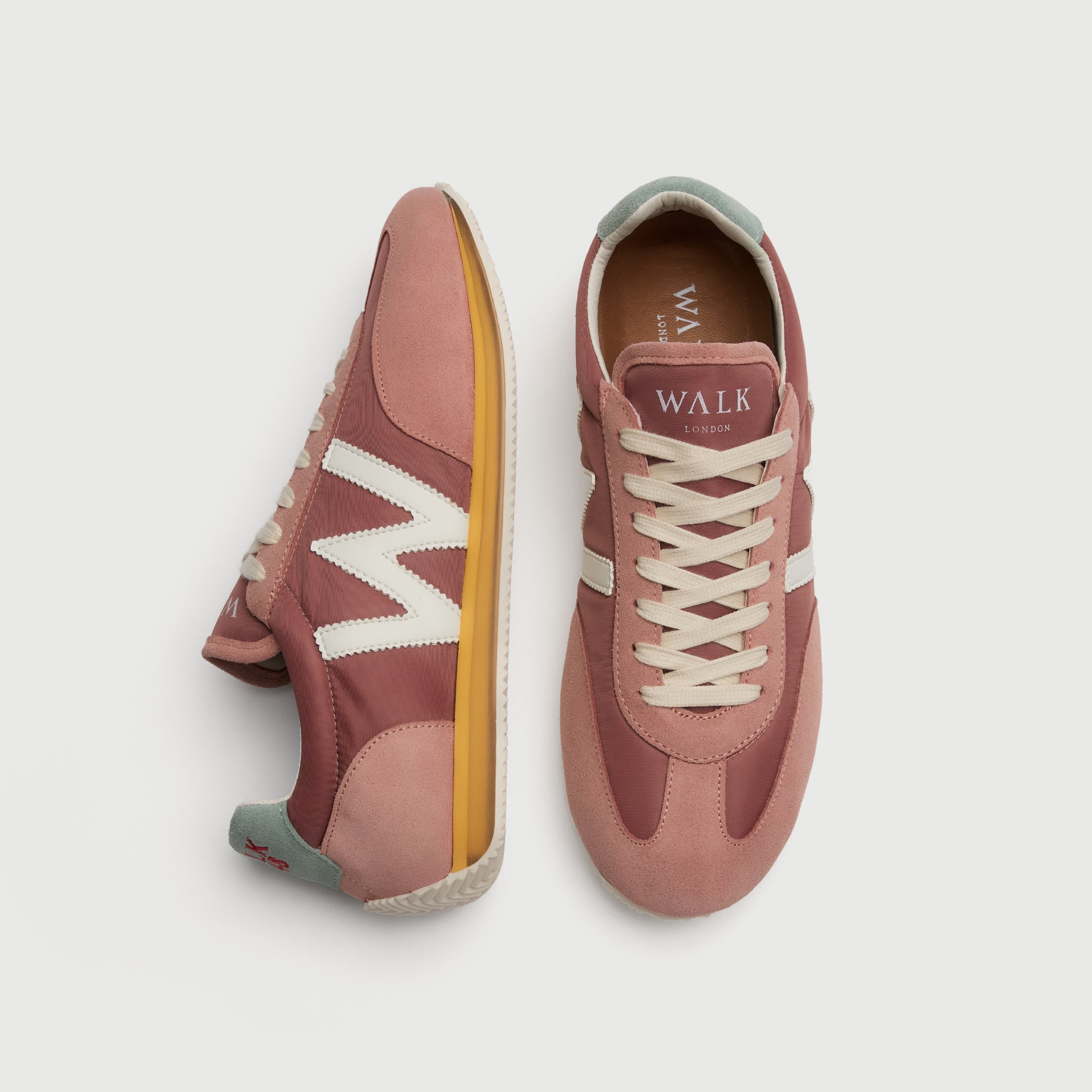 Walk London Retro Runner Mens Trainer in pink suede and textile with white W and laces top and side view