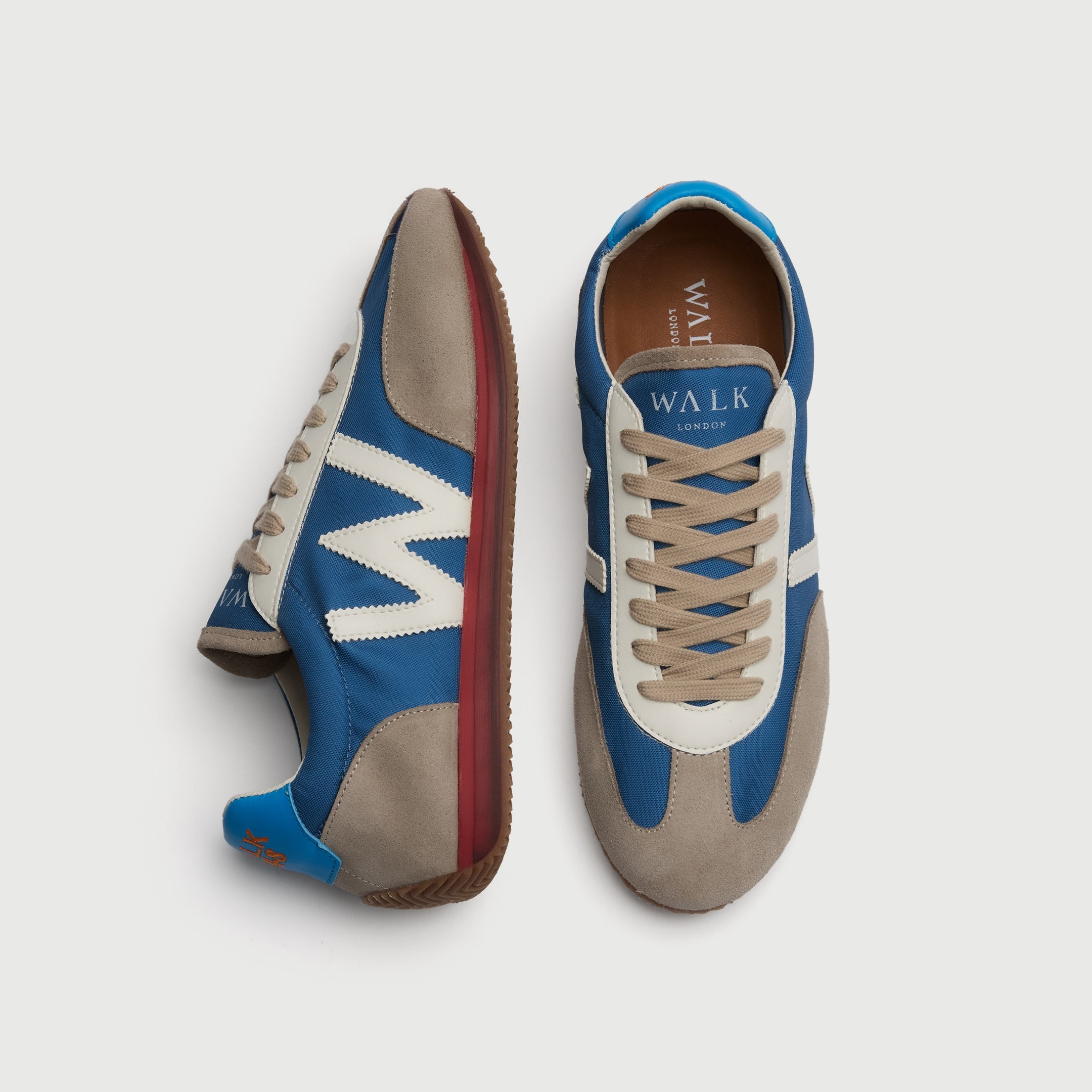 Walk London Retro Runner Trainer in grey suede and blue textile with white W and laces top and side view
