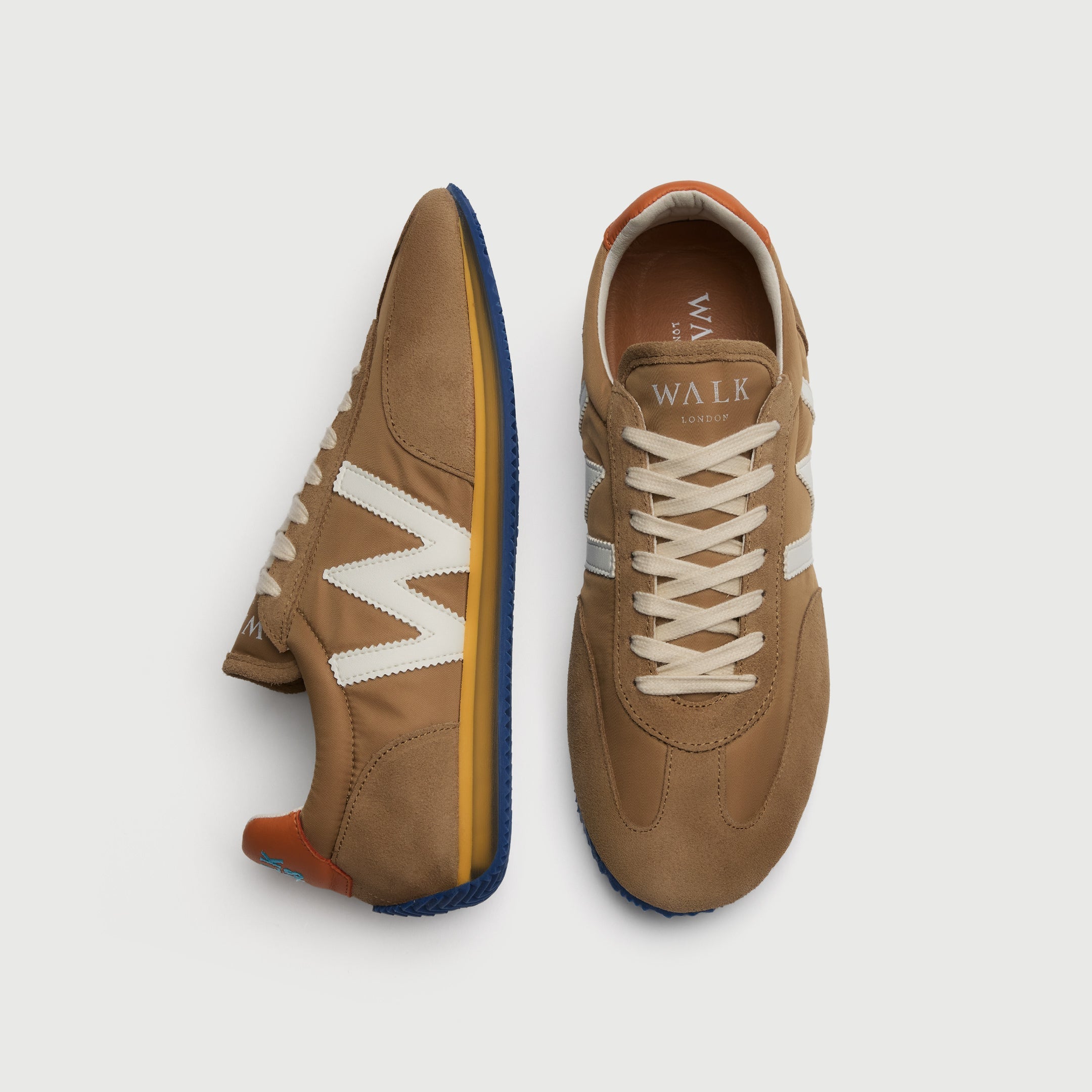 Walk London Retro Runner Trainer in Stone suede and textile with white W and laces top and side view