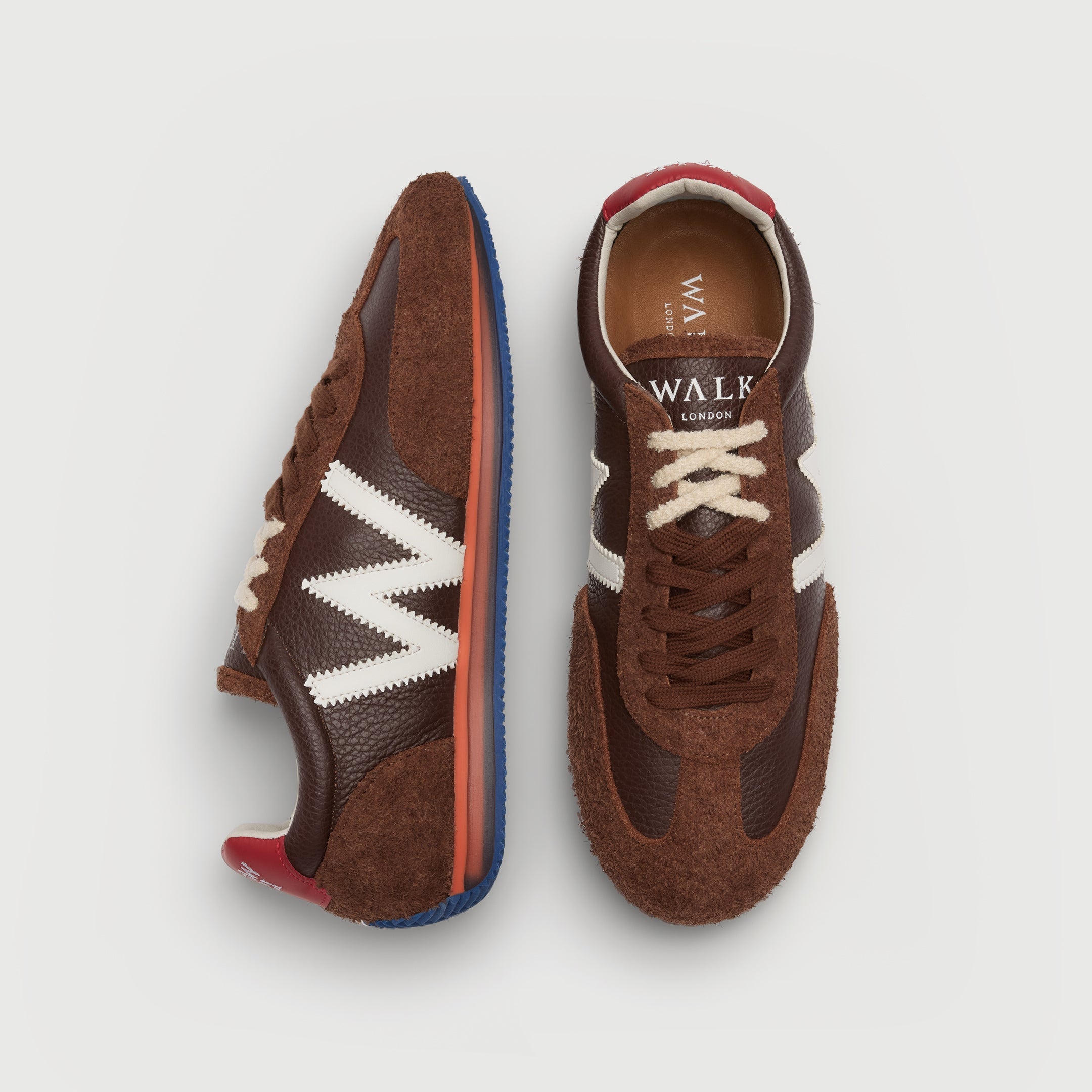 Walk London Retro Runner Trainers in Brown Brushed Suede and Grain Leather top and side view showing half hairy white lace and flat brown lace, and tan insole