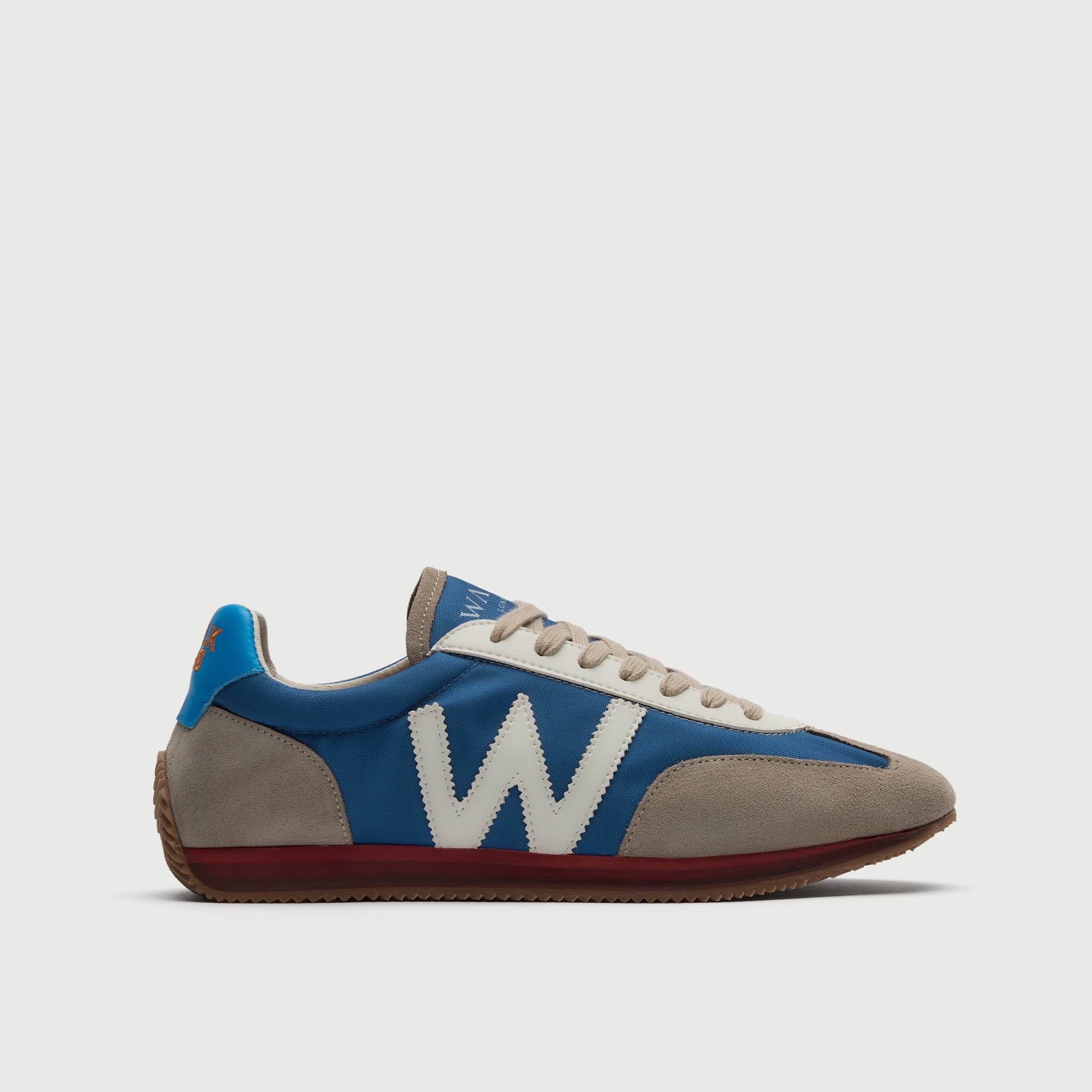 Walk London Retro Runner Trainer in grey suede and blue textile with white W and laces side view