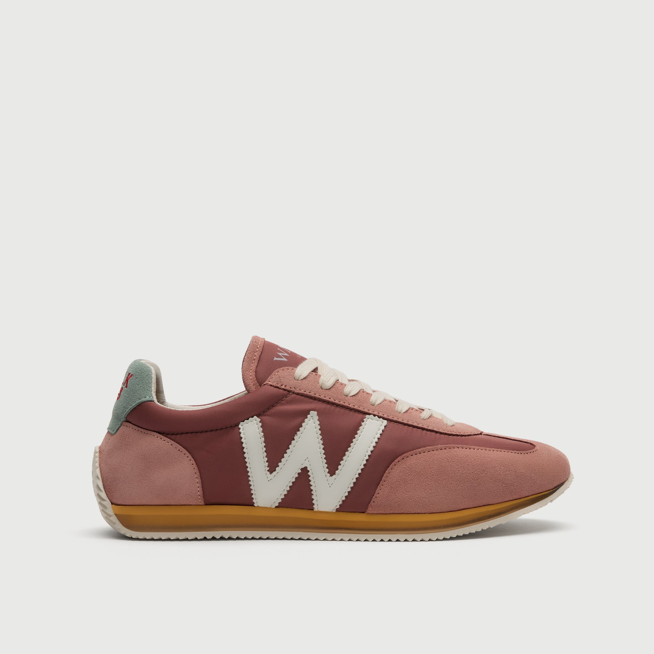 Walk London Retro Runner Mens Trainer in pink suede and textile with white W and laces side view