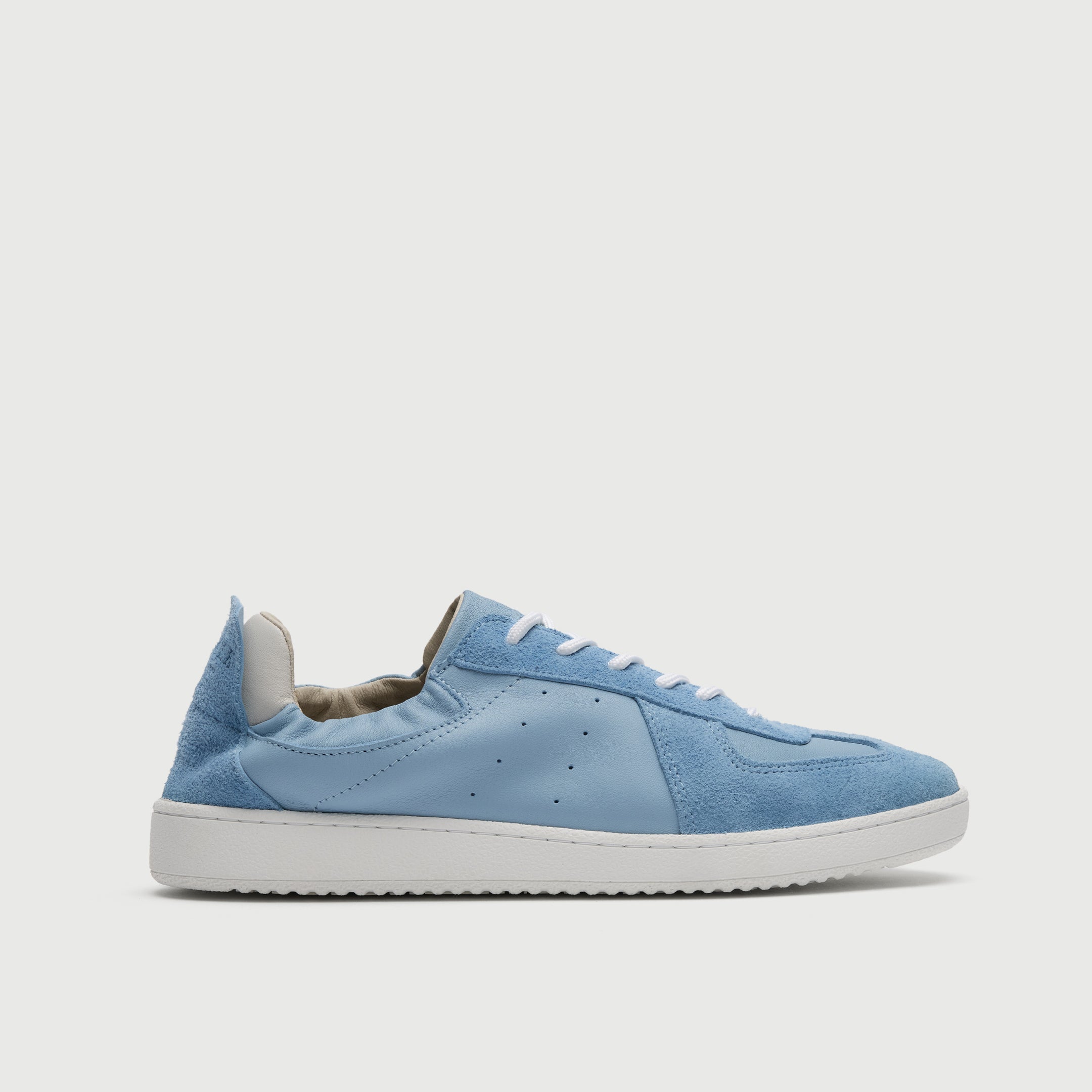 Walk London Rimini Blue Suede Trainer with elastic collar - side view