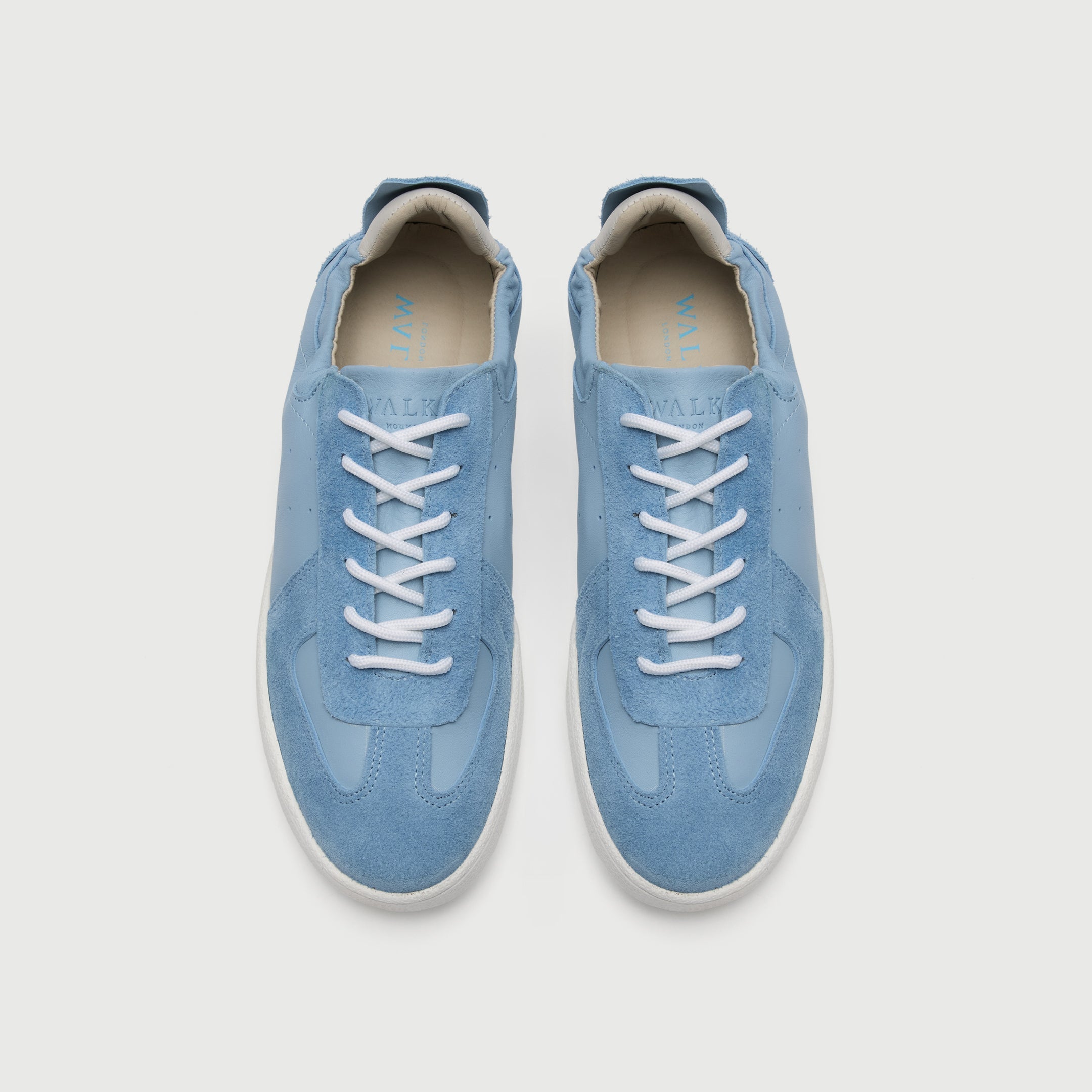 Walk London Rimini Blue Suede Trainers with elastic collar - top view