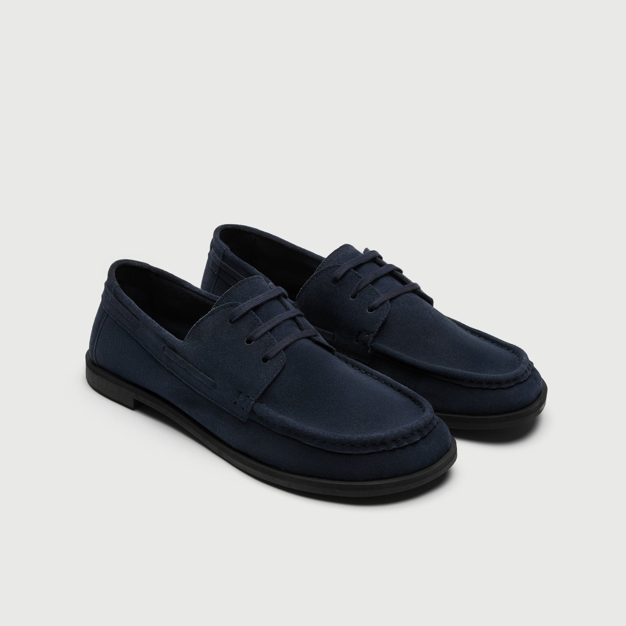 Walk London Roma Boat Shoe Suede in Navy three quarter view