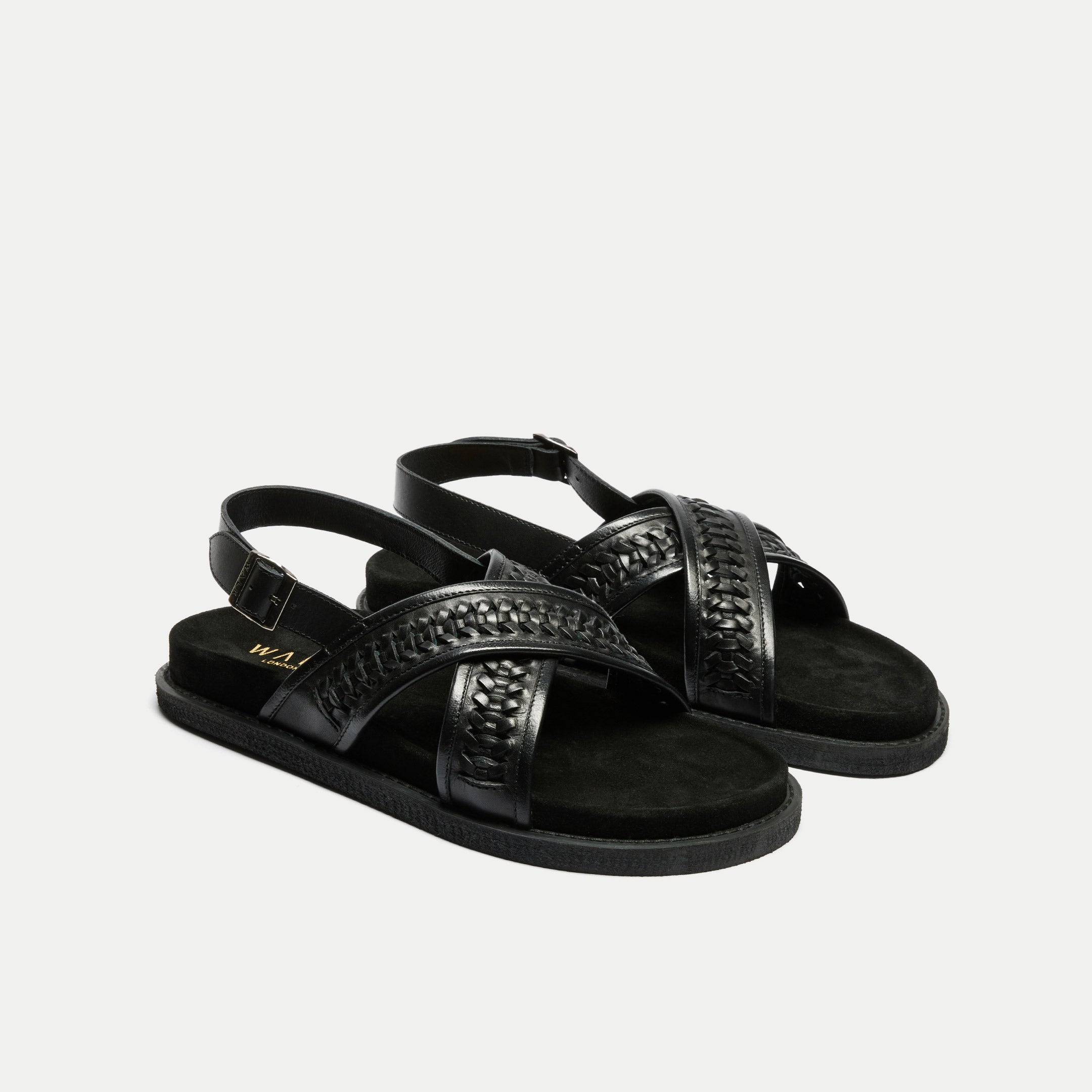 Walk London Mens Shore Weave Backstrap Sandal in Black Leather