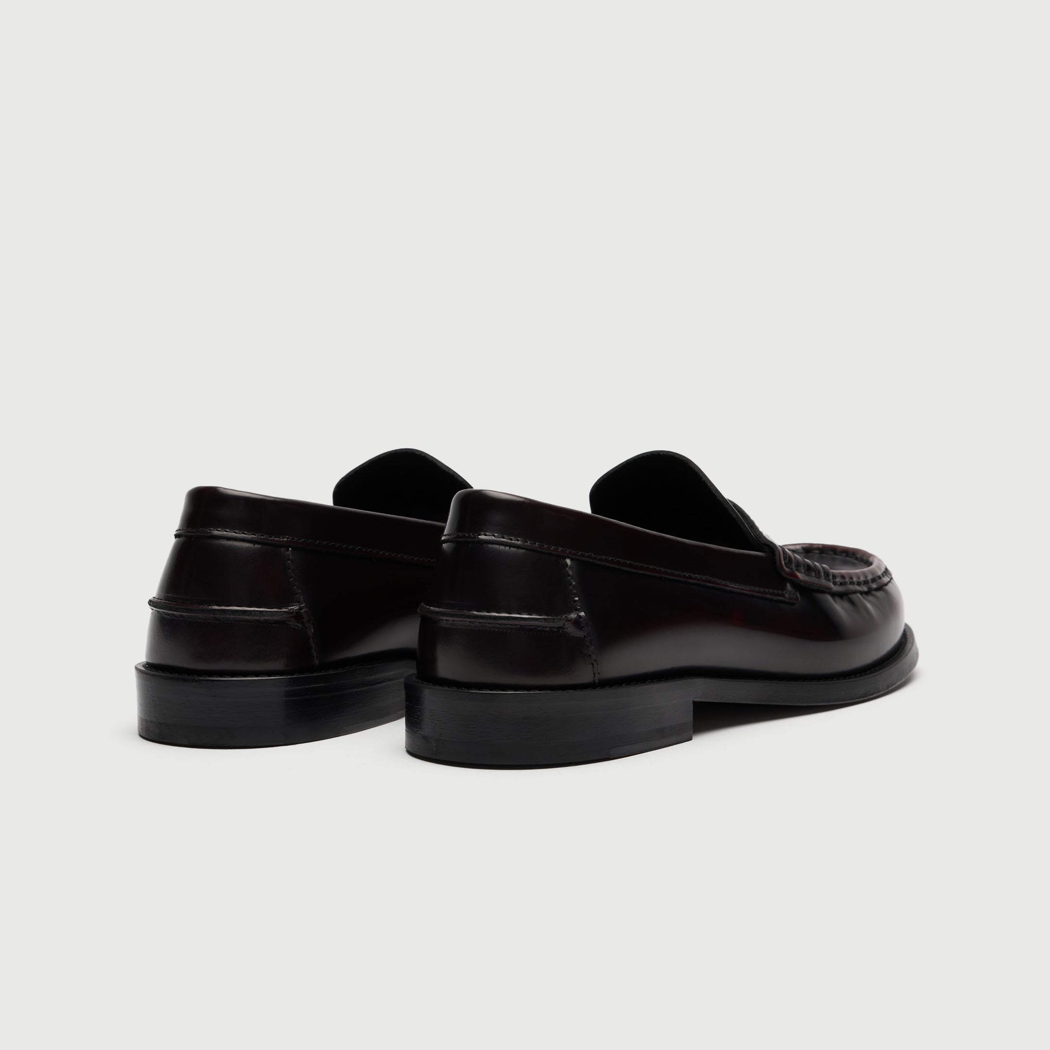 Walk London Shoreditch Penny Loafers in Burgundy Leather heel view showing heel counter horizontal seam