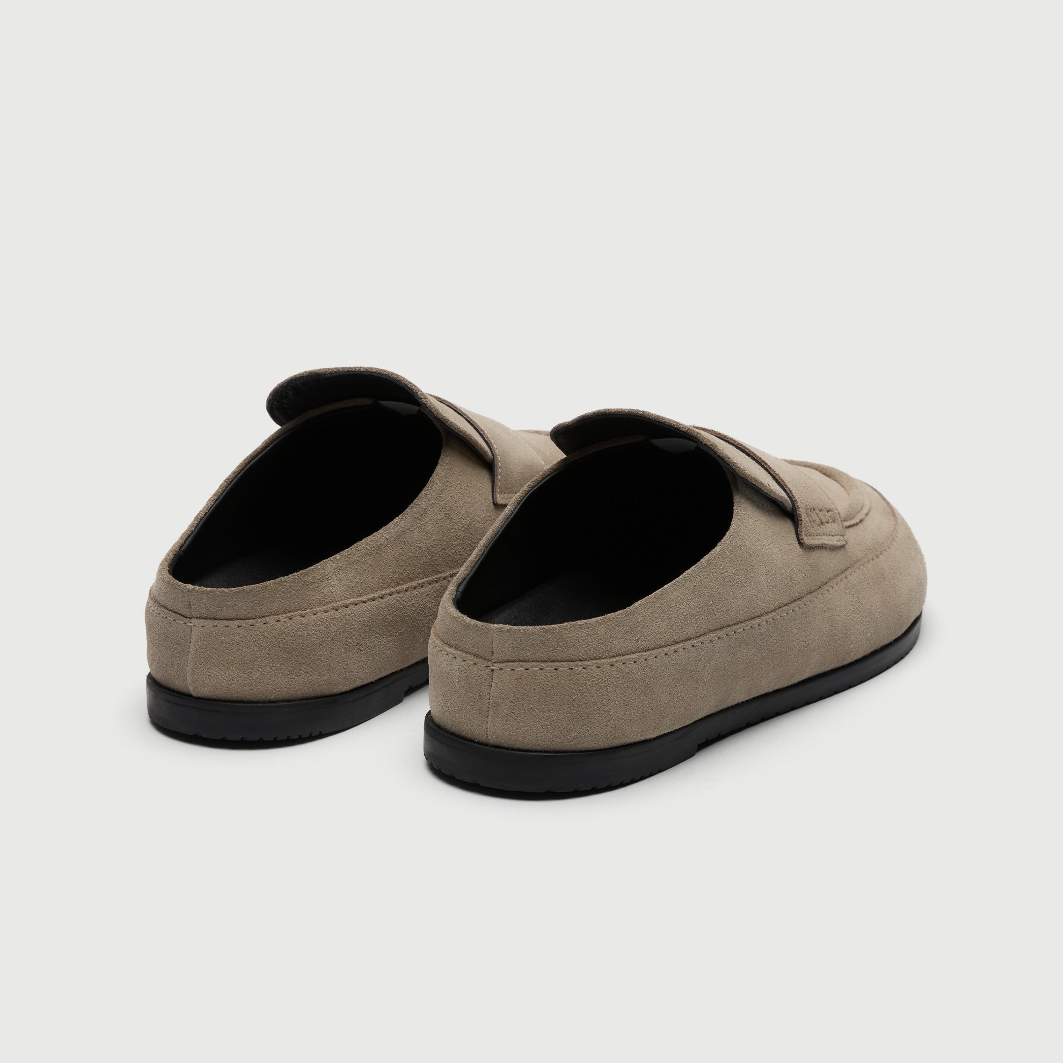 Walk London Track Stone Beige Suede Slider heel view