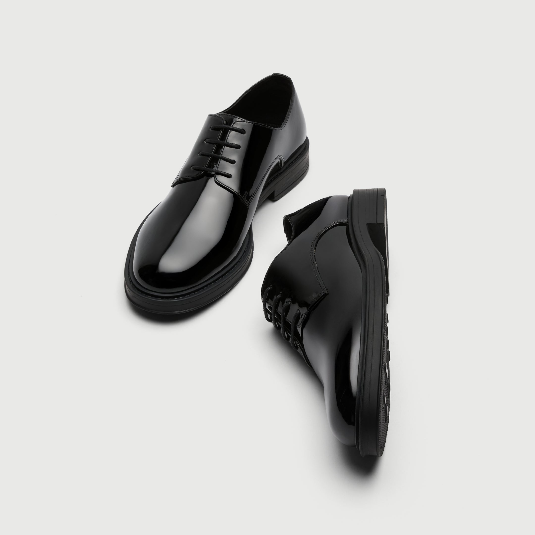 Walk London Vincent Black Patent Derby Shoes top and side view