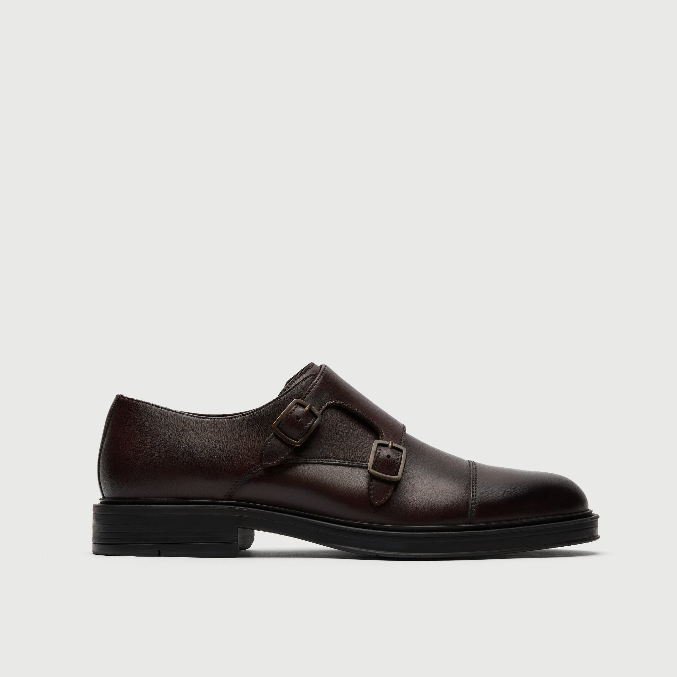 Walk London Vincent Brown Monk Strap Shoe in leather side view