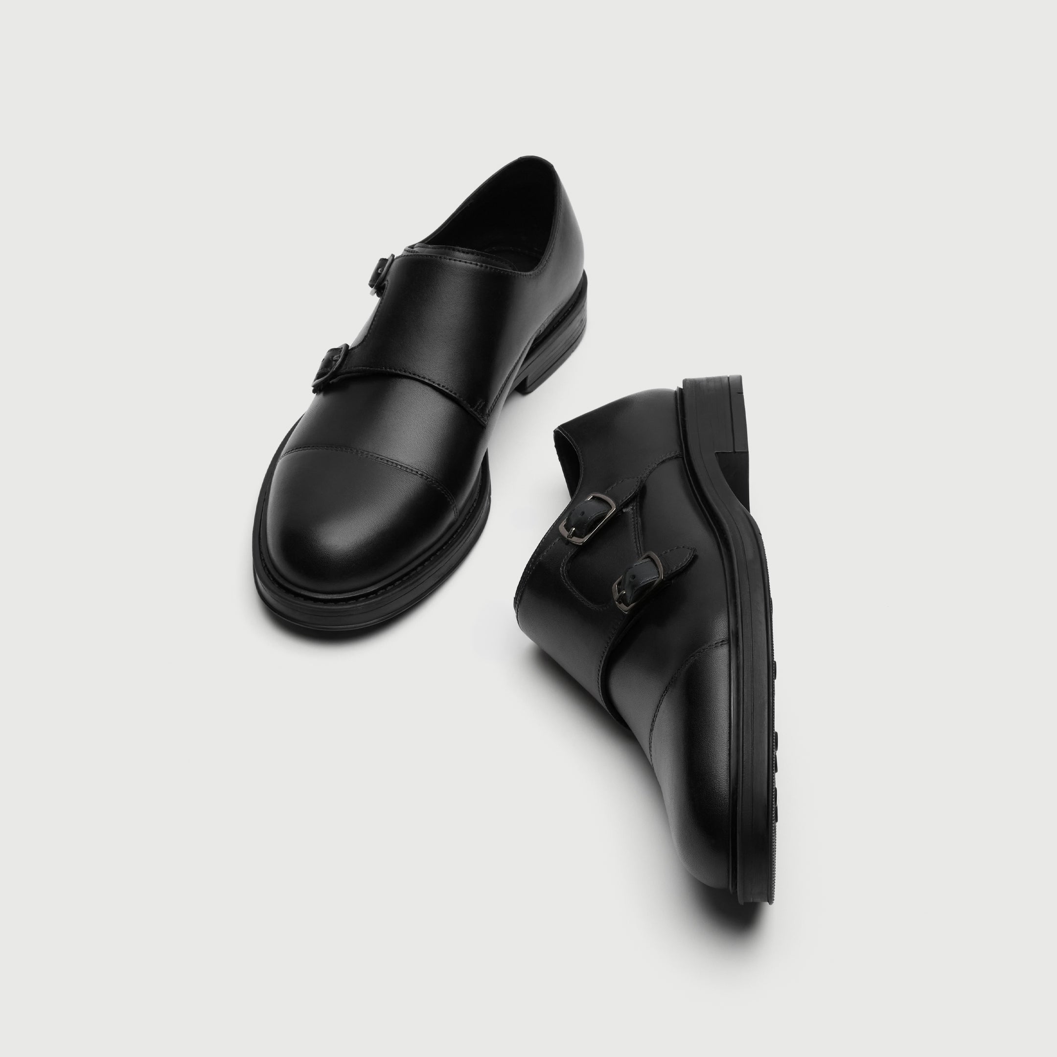 Walk London Vincent Black Monk Strap Shoes in Leather top and side view