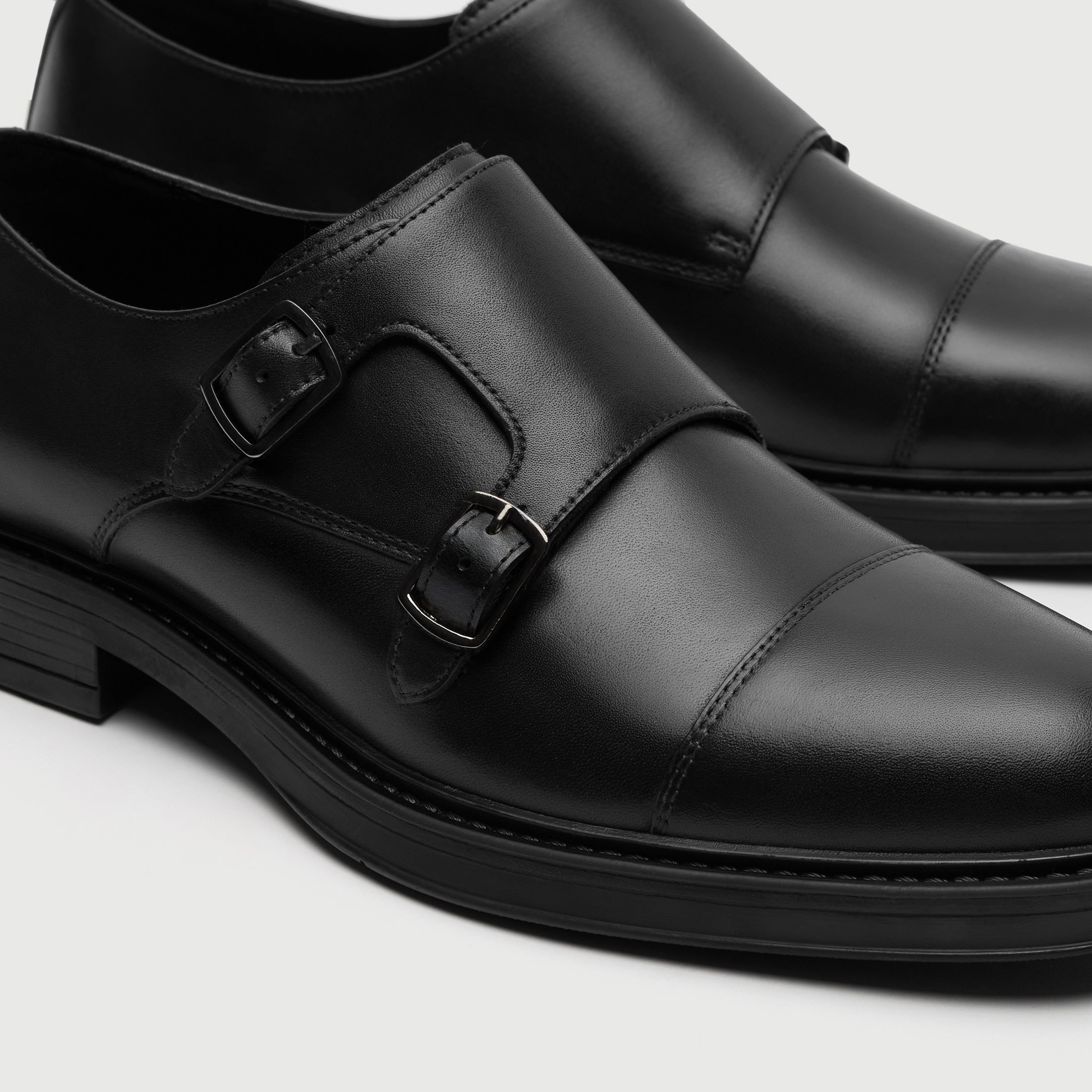 Walk London Vincent Black Monk Strap Shoes in Leather close up of toe