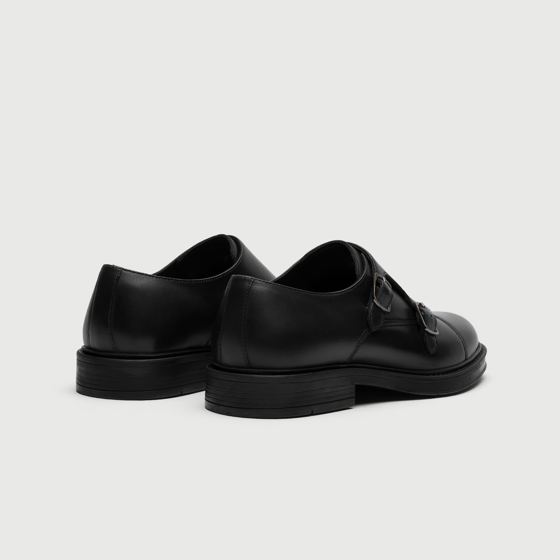 Walk London Vincent Black Monk Strap Shoes in Leather heel view