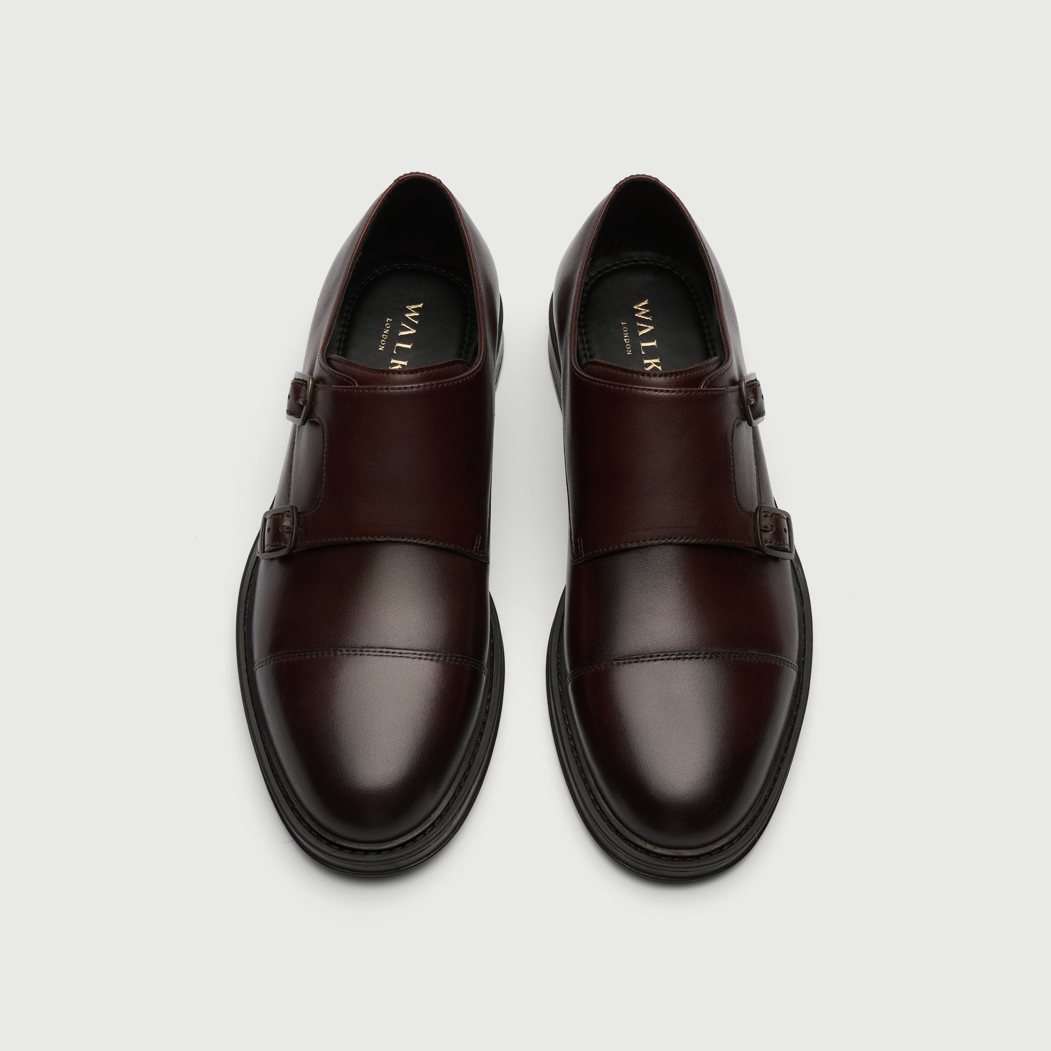 Walk London Vincent Brown Monk Strap Shoe in leather top view