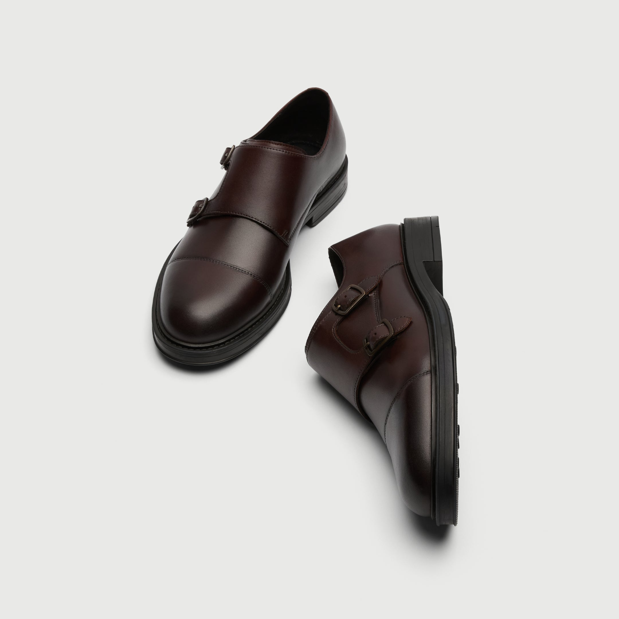 Walk London Vincent Brown Monk Strap Shoe in leather top and side view