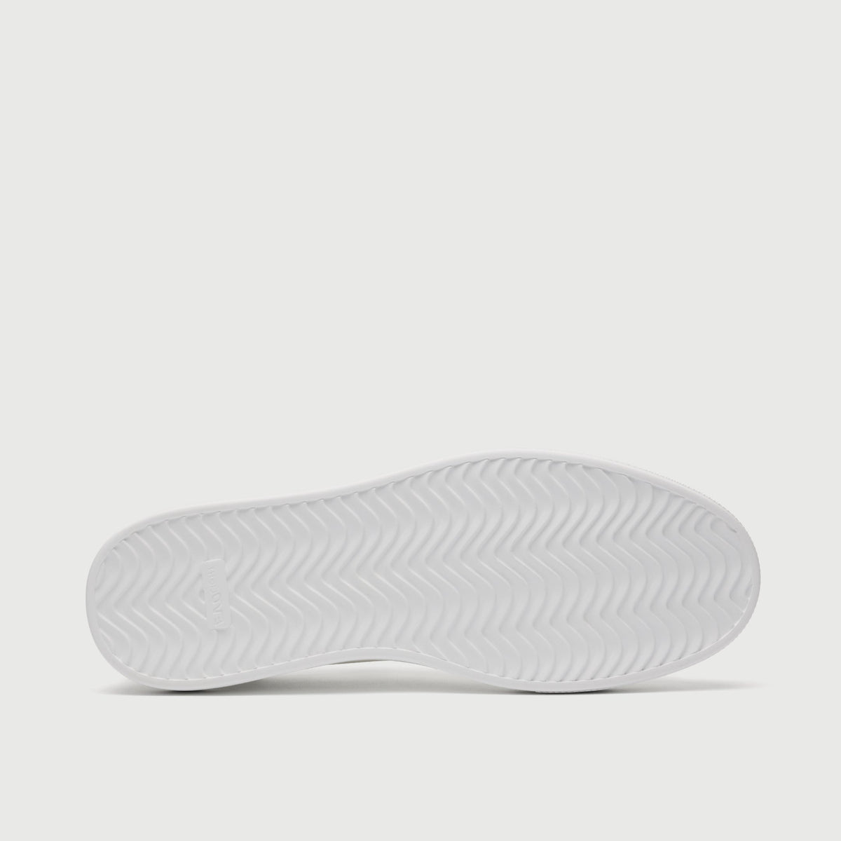 Walk London Wimbledon Trainer in White Grain Leather sole view showing ridged white sole with EVO light debossed