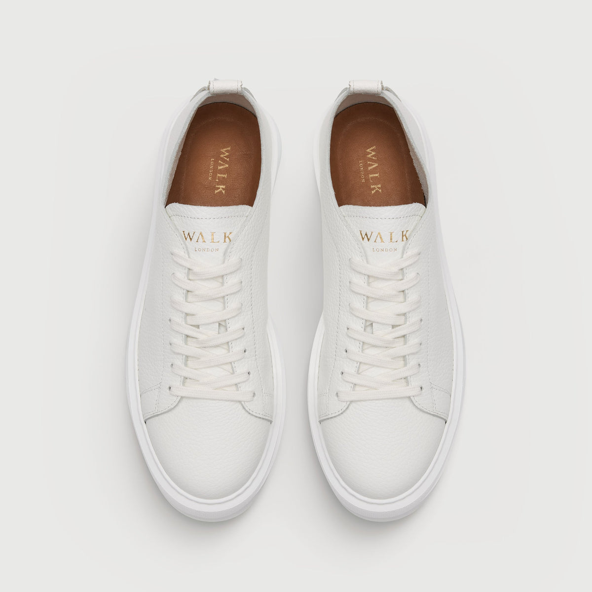 Walk London Wimbledon Trainers in White Grain Leather top view showing gold foil branding on tongue, tan insole with gold foil branding