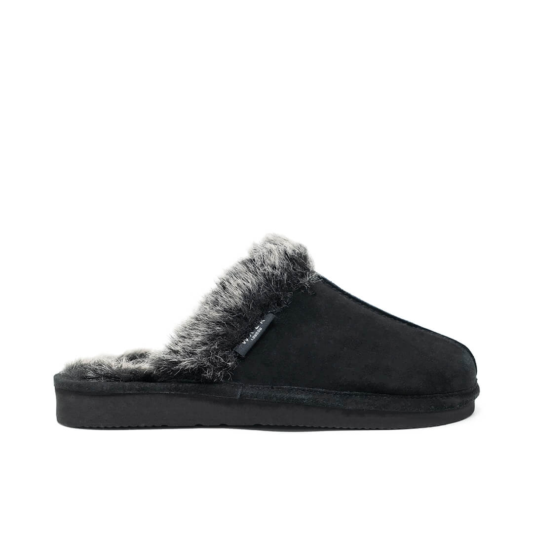 walk london black suede fur lined slipper