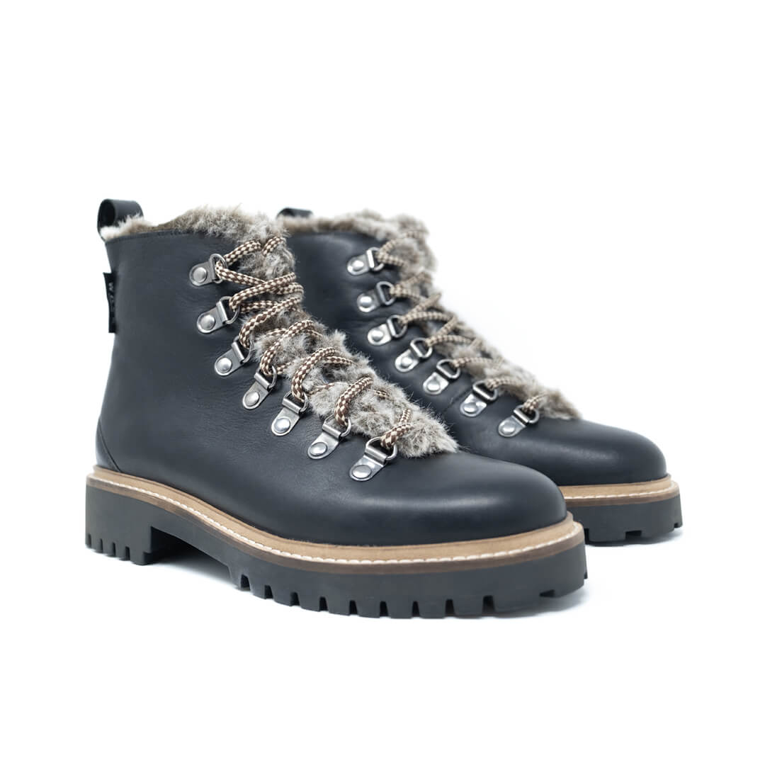 WALK London Holly Fur Hiker Black Leather
