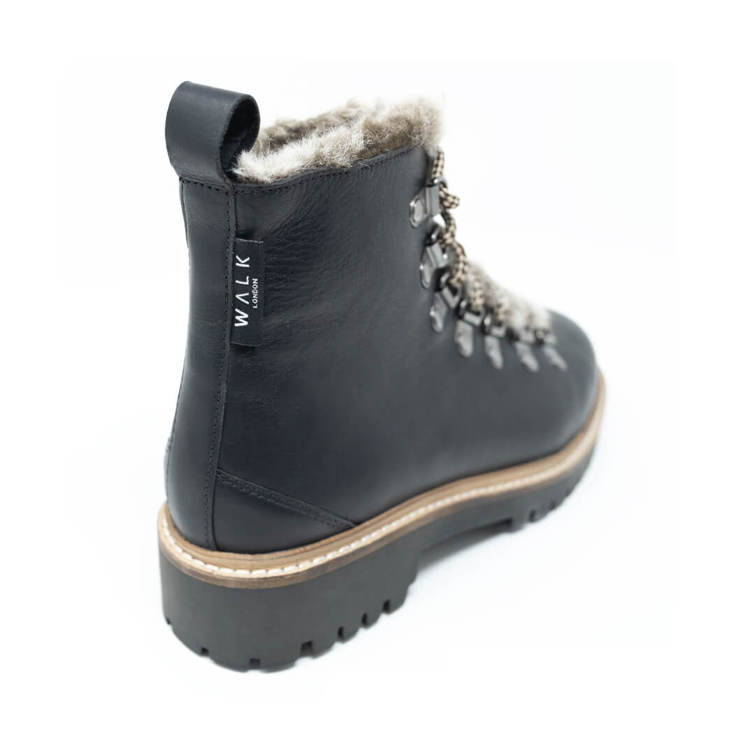 WALK London Holly Fur Hiker Black Leather