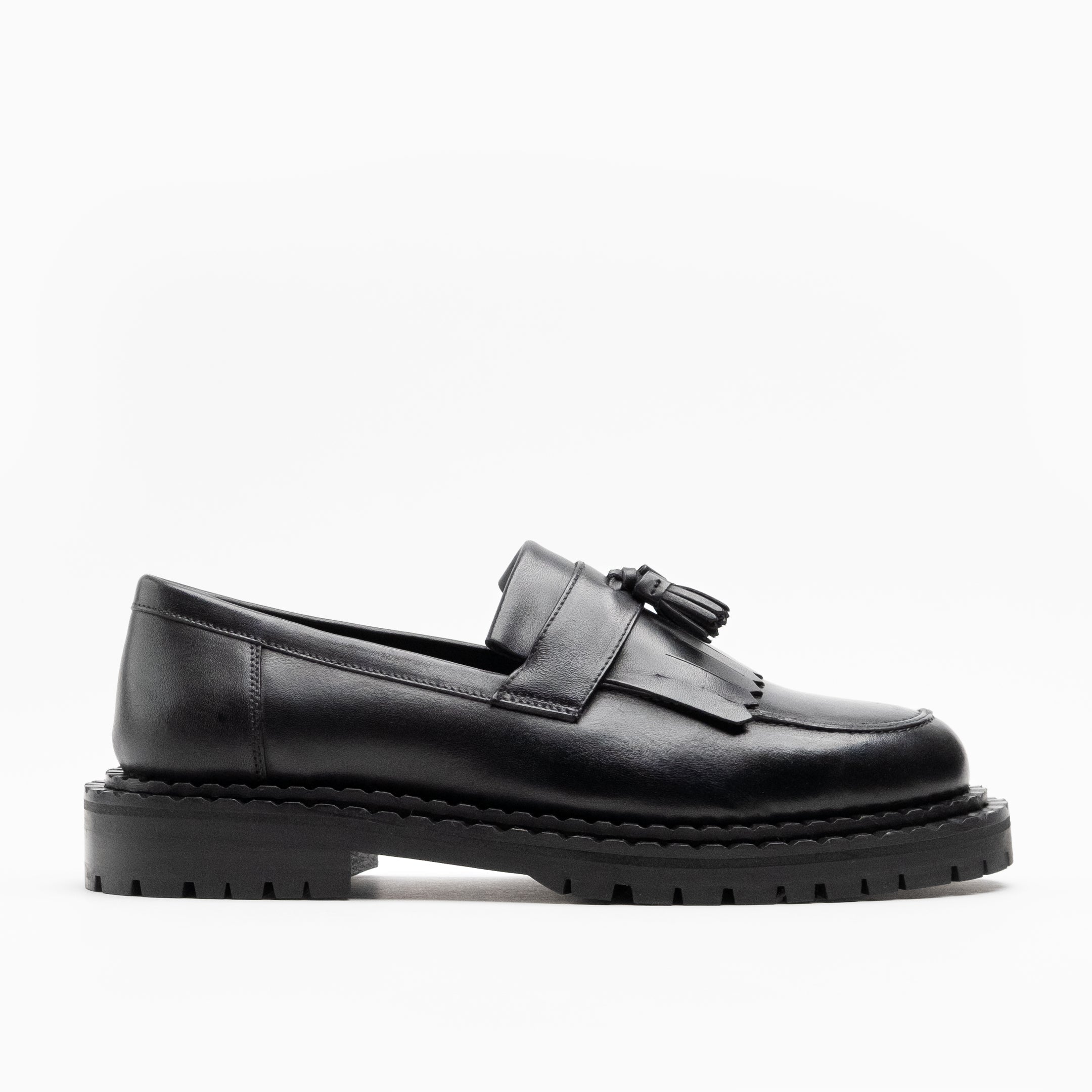 Walk London Mens Jagger Fringe Tassel Loafer in Black Leather