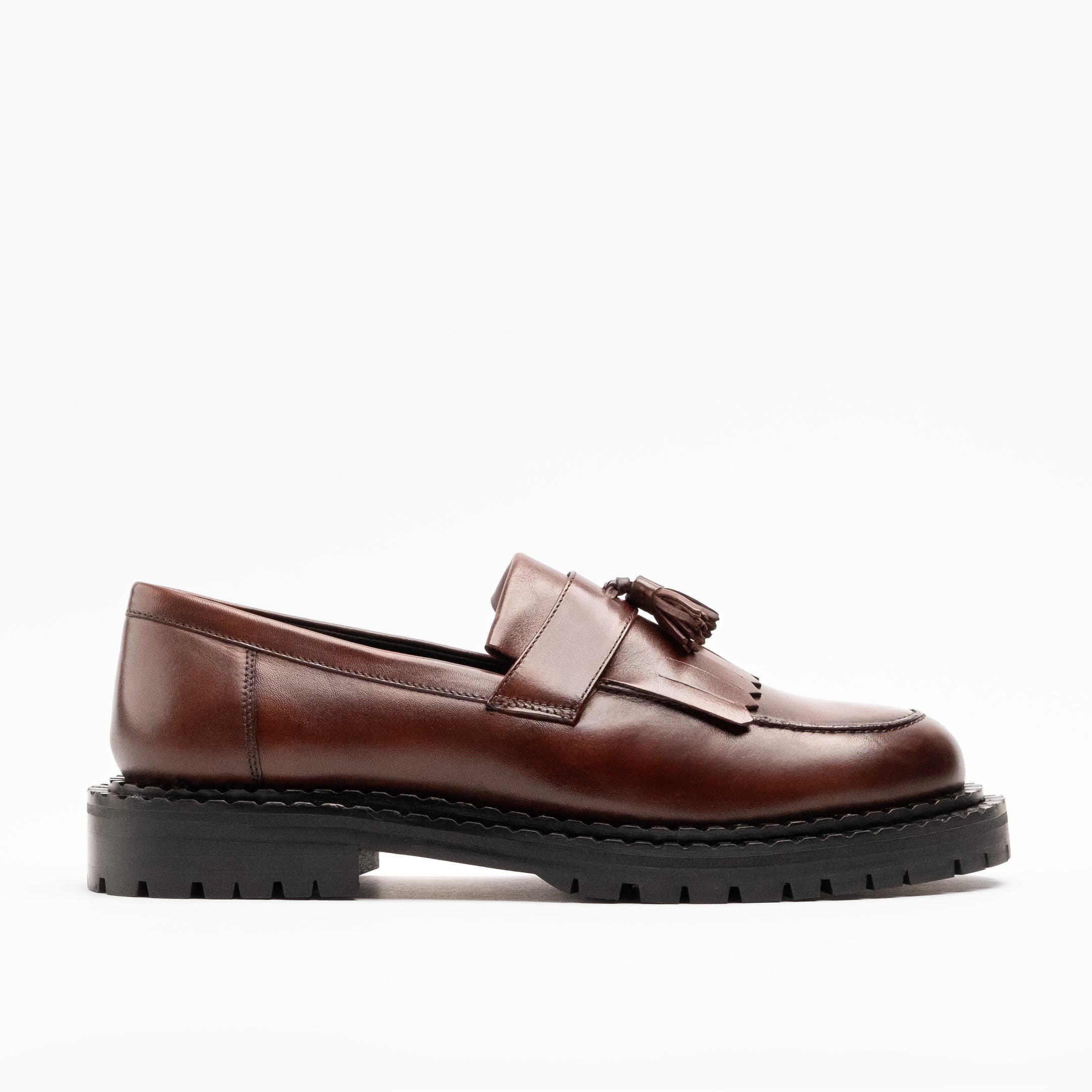 Walk London Mens Jagger Fringe Tassel Loafer in Brown Leather