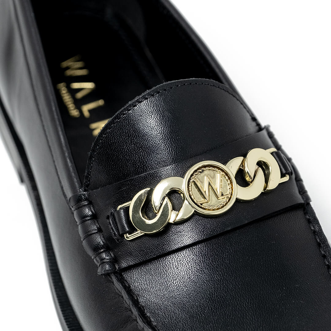 WALK London Riva Chain Loafer Black Leather Gold Chain Emboss