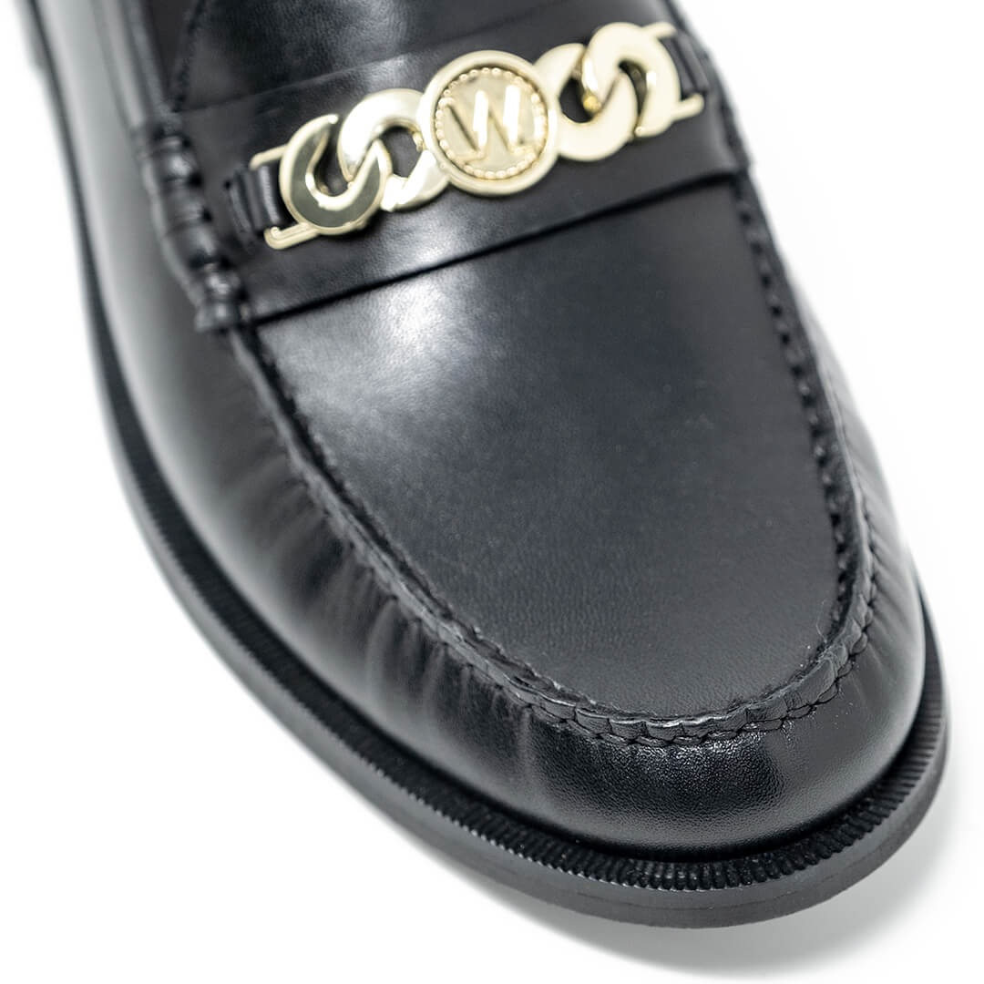 WALK London Riva Chain Loafer Black Leather Gold Chain Toe