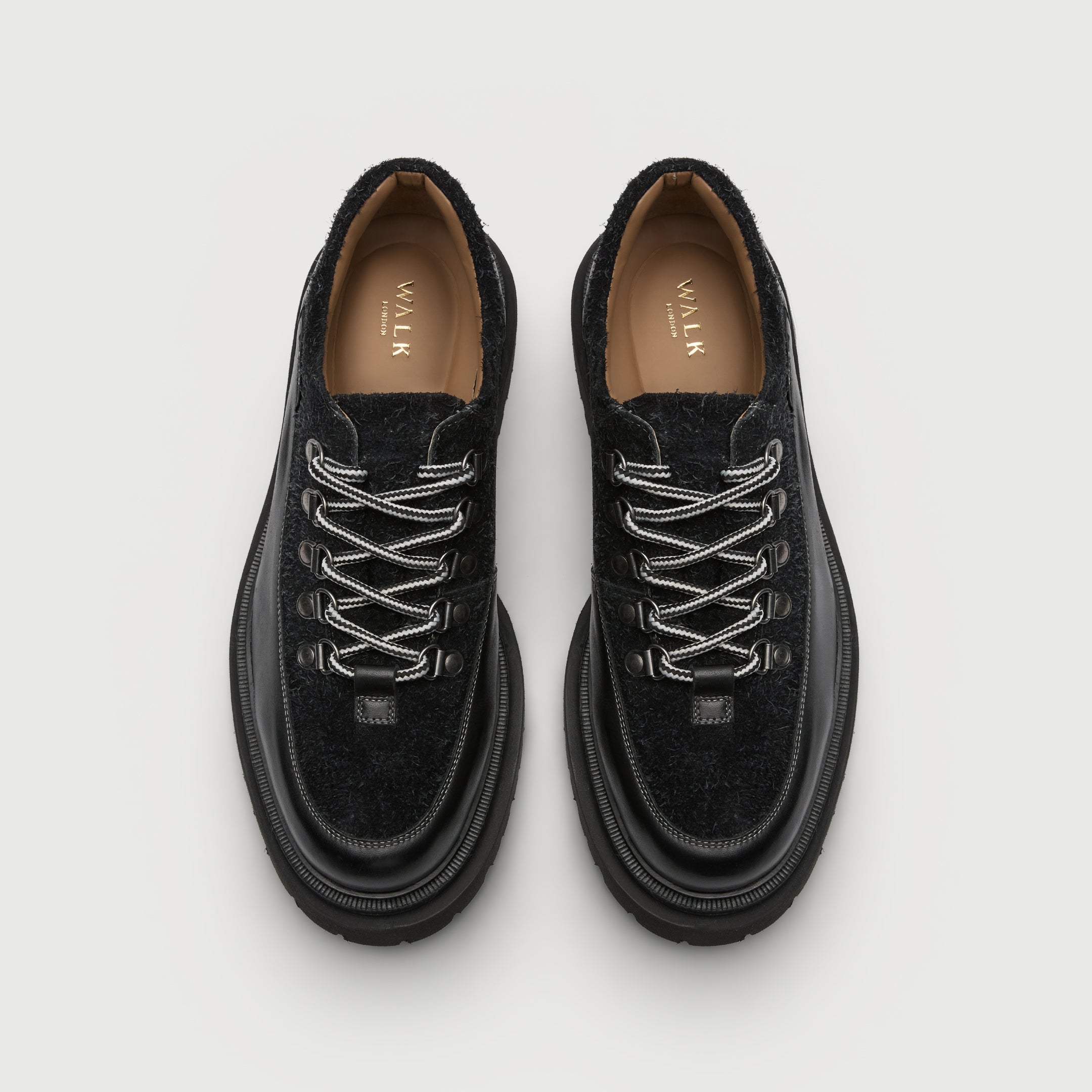 Walk London Bethnal Hiking Shoes in black leather and hairy suede top view showing tan leather insole with gold branding