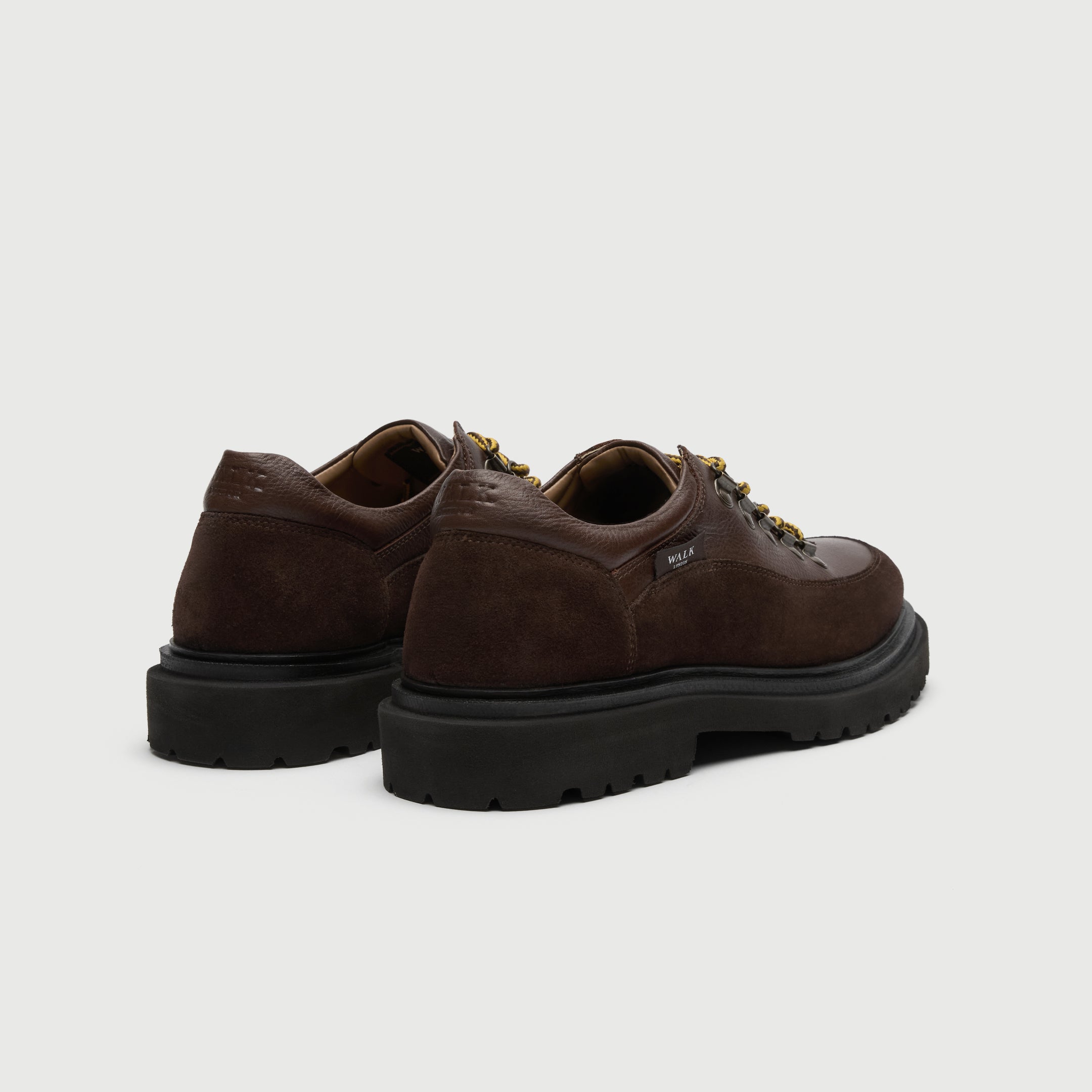 Walk London Bethnal Hiking Shoes in brown leather and suede heel view with padded collar