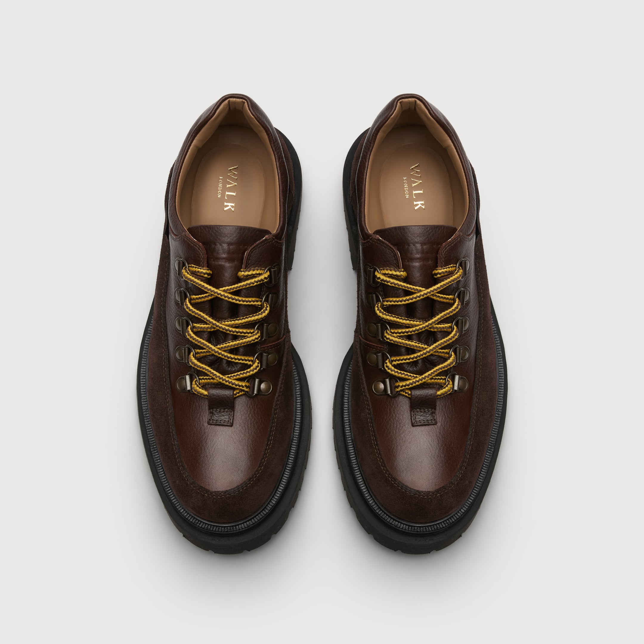 Walk London Bethnal Hiking Shoes in brown leather and suede top view showing tan insole with gold branding