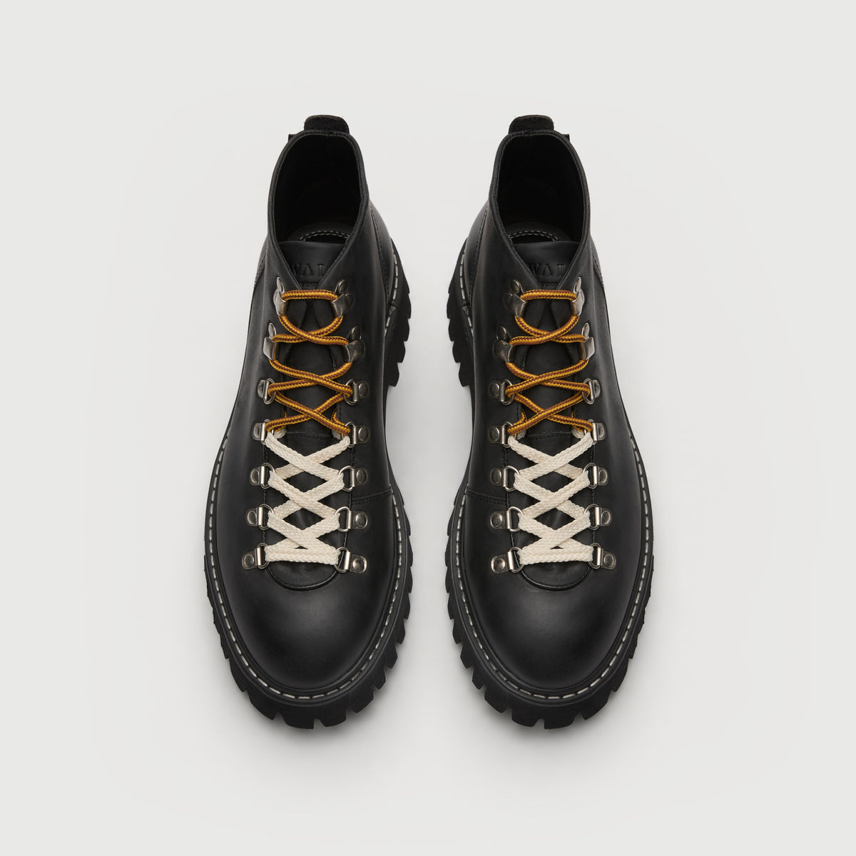 Walk London Blackheath Hiking Boots in black leather top view showing two different lace colours in yellow / brown and white