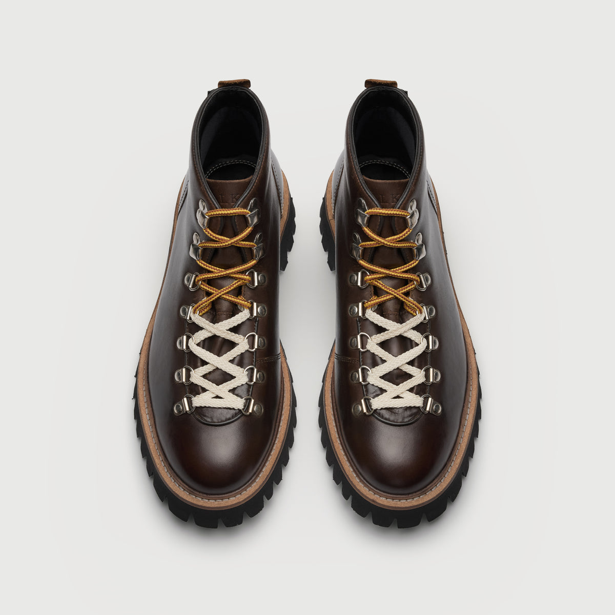 Walk London Blackheath Hiking Boots in brown leather top view showing two different types of laces in yellow / brown and white