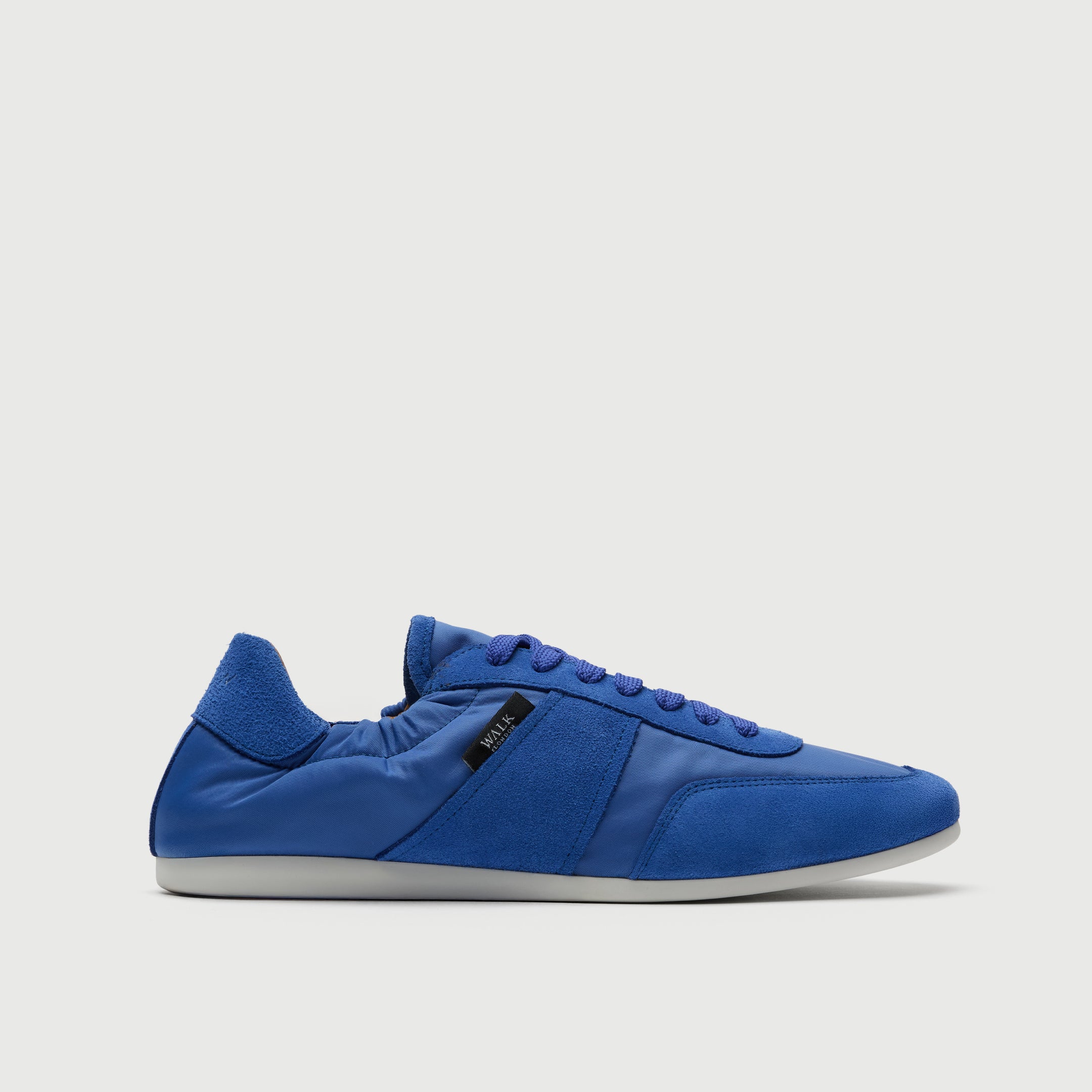 Walk London Mens Firenze Trainer in blue suede and textile side view