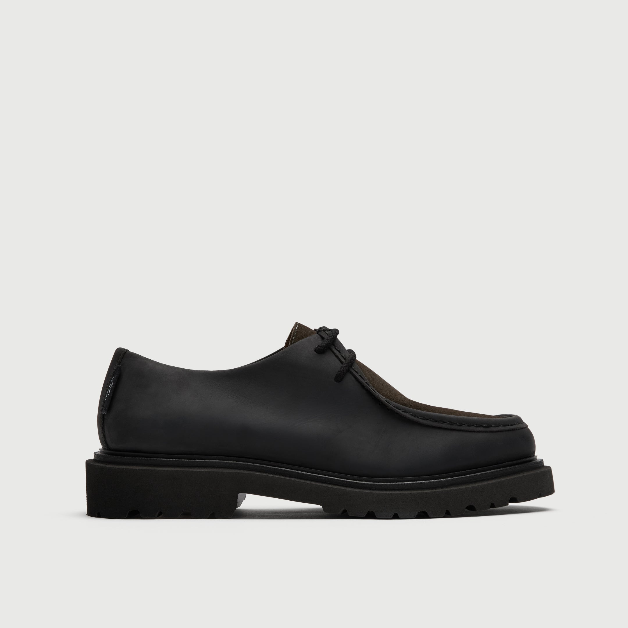Walk London Hackney Apron Shoe in dark grey leather with mushroom grey suede vamp