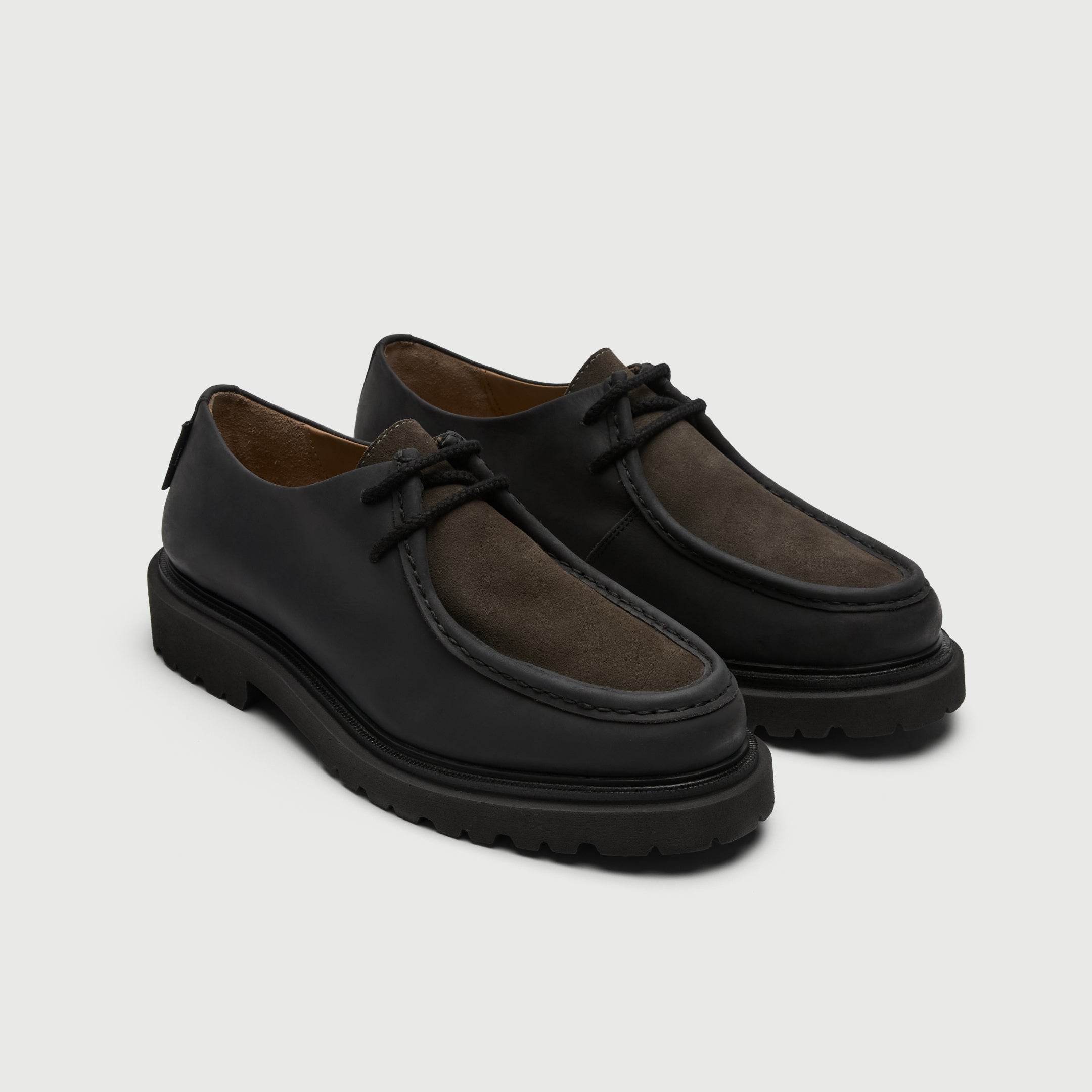 Walk London Hackney Apron Shoes in dark grey leather with mushroom grey suede vamp three quarter view
