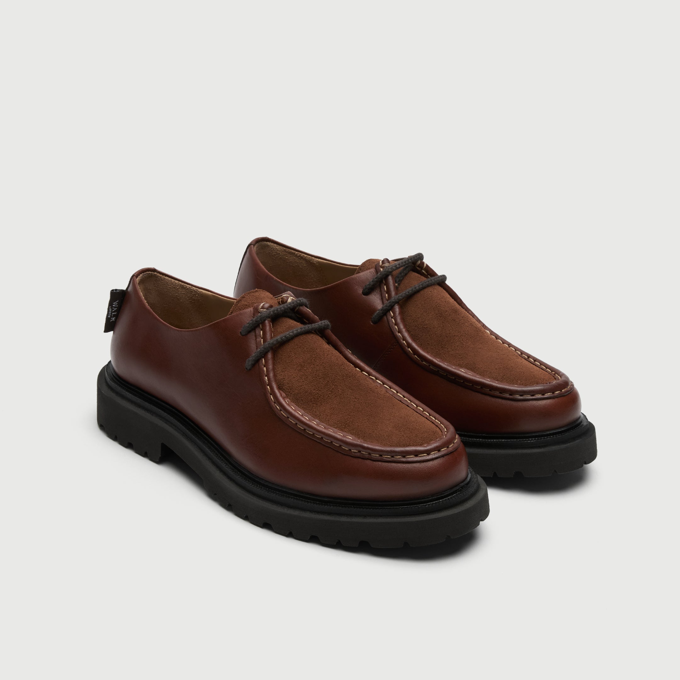 Walk London Hackney Apron Shoes in tan oily leather with suede vamp three quarter view showing black laces and stitch detail