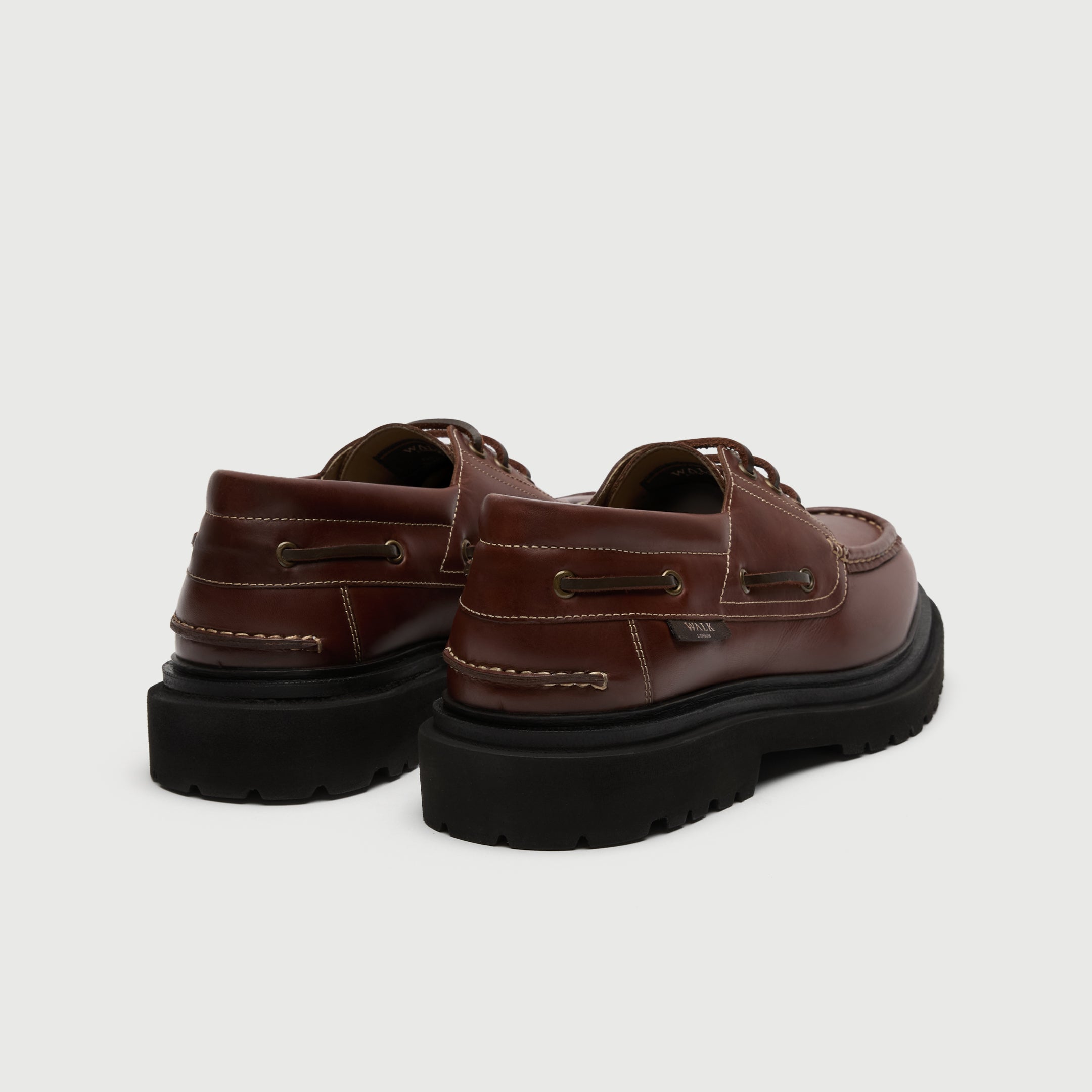 Walk London Hackney Boat Shoes in tan leather heel view showing heel seam and leather lace detail