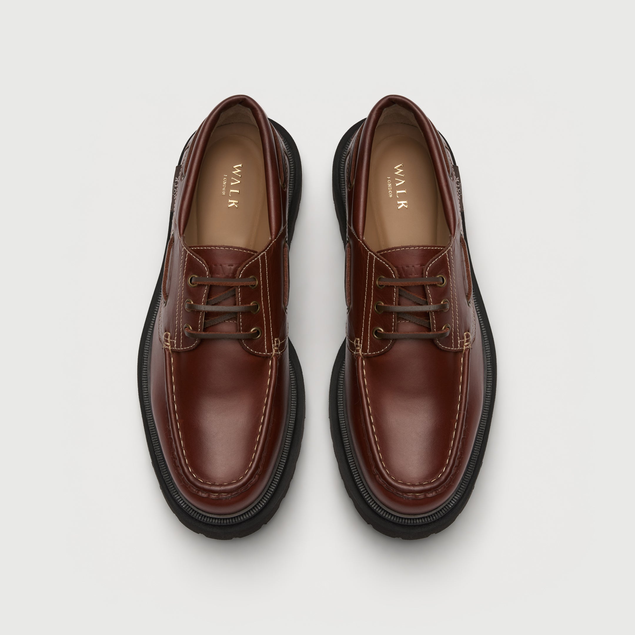 Walk London Hackney Boat Shoes in tan leather with contrast stitch top view showing tan insole and gold branding