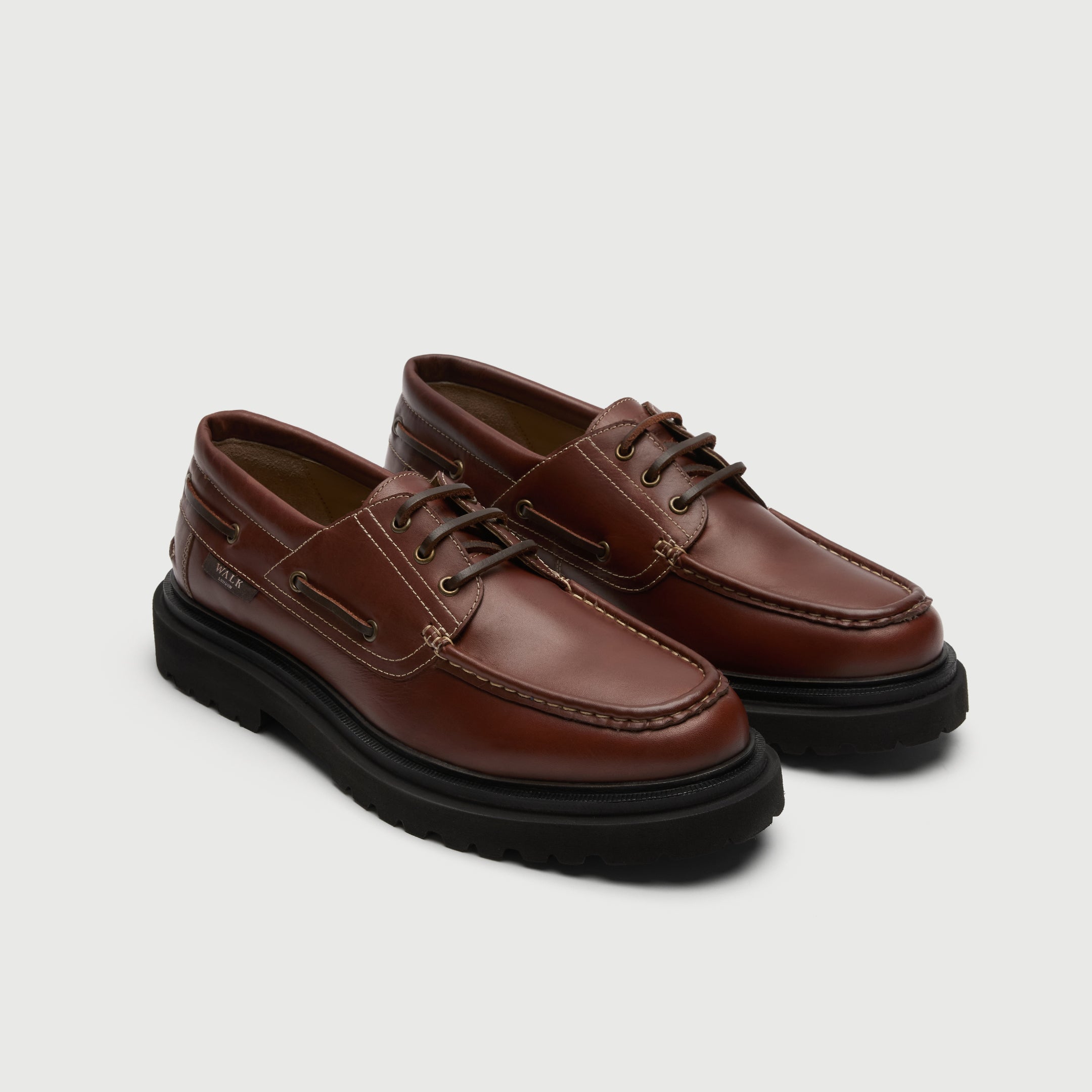 Walk London Hackney Boat Shoes in tan leather with contrast stitch three quarter view