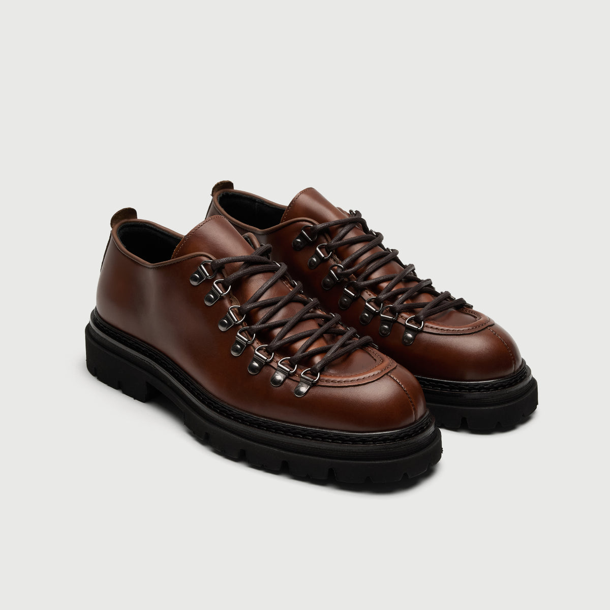 Walk London Hartford Hiking Style Shoe in Tan Leather three quarter view showing laces and d-ring hardware