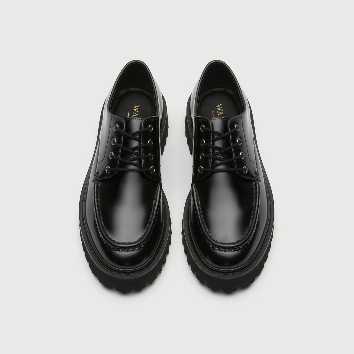 Walk London Hopper Black Smooth Leather Lace Shoe with chunky sole top view showing gold-toned foil branding on insock and apron seam
