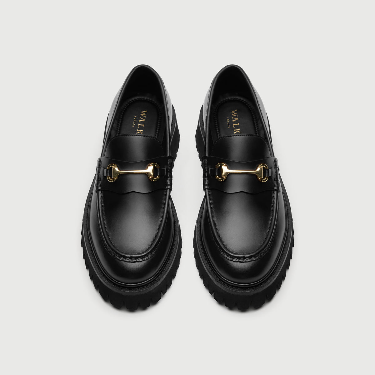Walk London Hopper Black Leather Trim Loafers with gold-toned horsebit detail and chunky sole top view