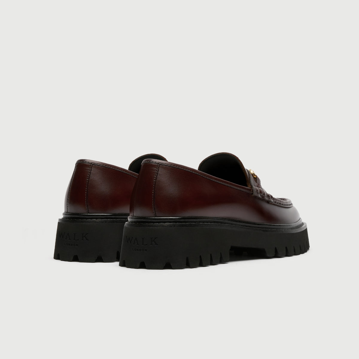 Walk London Hopper Dark Brown Leather Trim Loafer with chunky sole heel view showing debossed branding