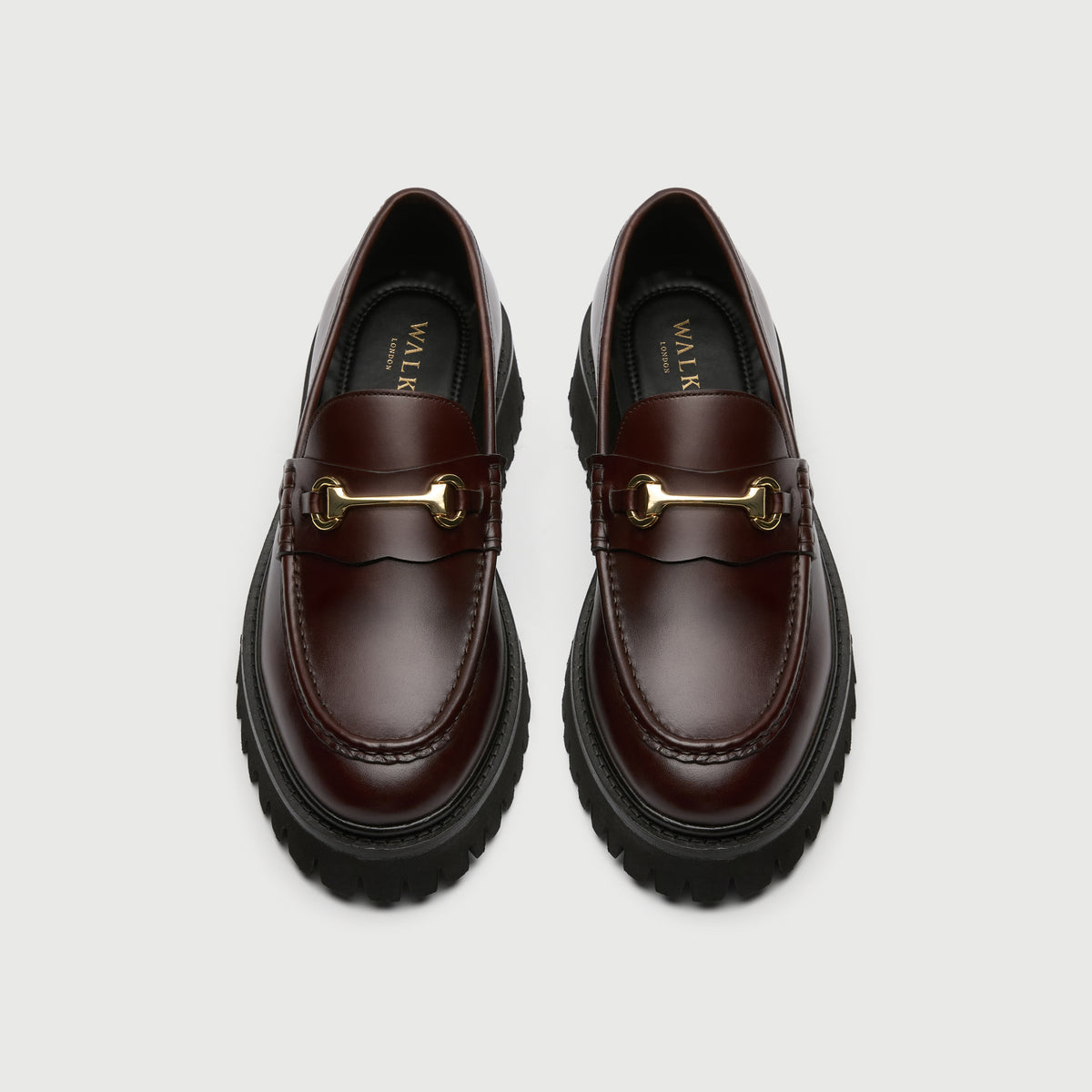 Walk London Hopper Dark Brown Leather Trim Loafers with gold-toned horsebit detail and chunky sole top view showing gold-toned foil branding on insock