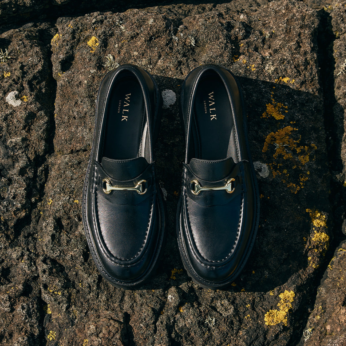 Hopper black leather trim loafers with gold horsebit detail on dark rocks 