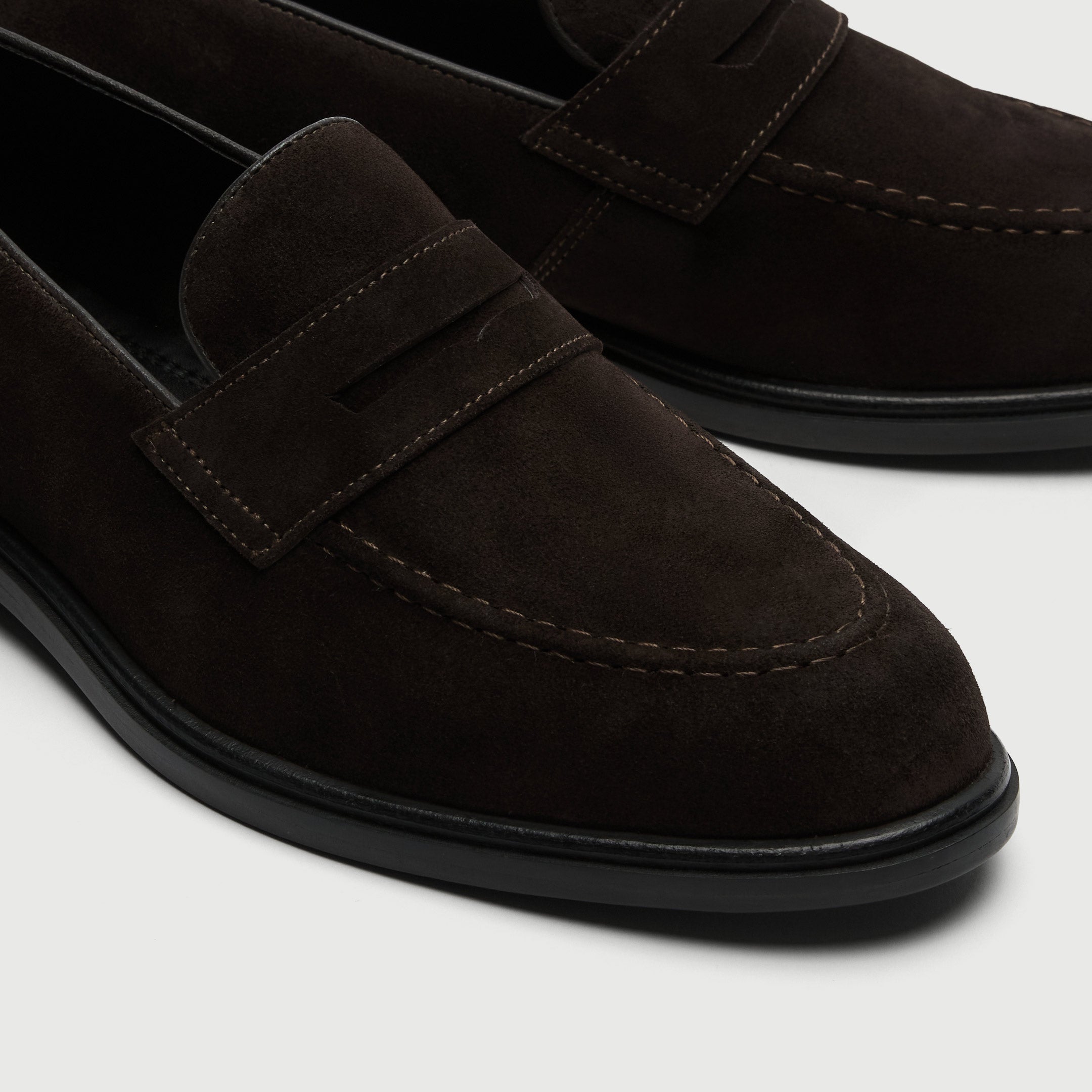 Walk London Putney dark brown suede loafer close up of toe and saddle
