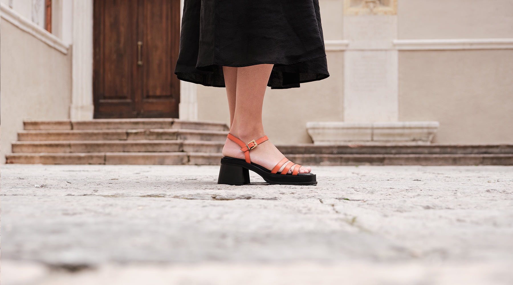 Walk London Lily Ankle Strap Heeled Sandal in Orange Leather