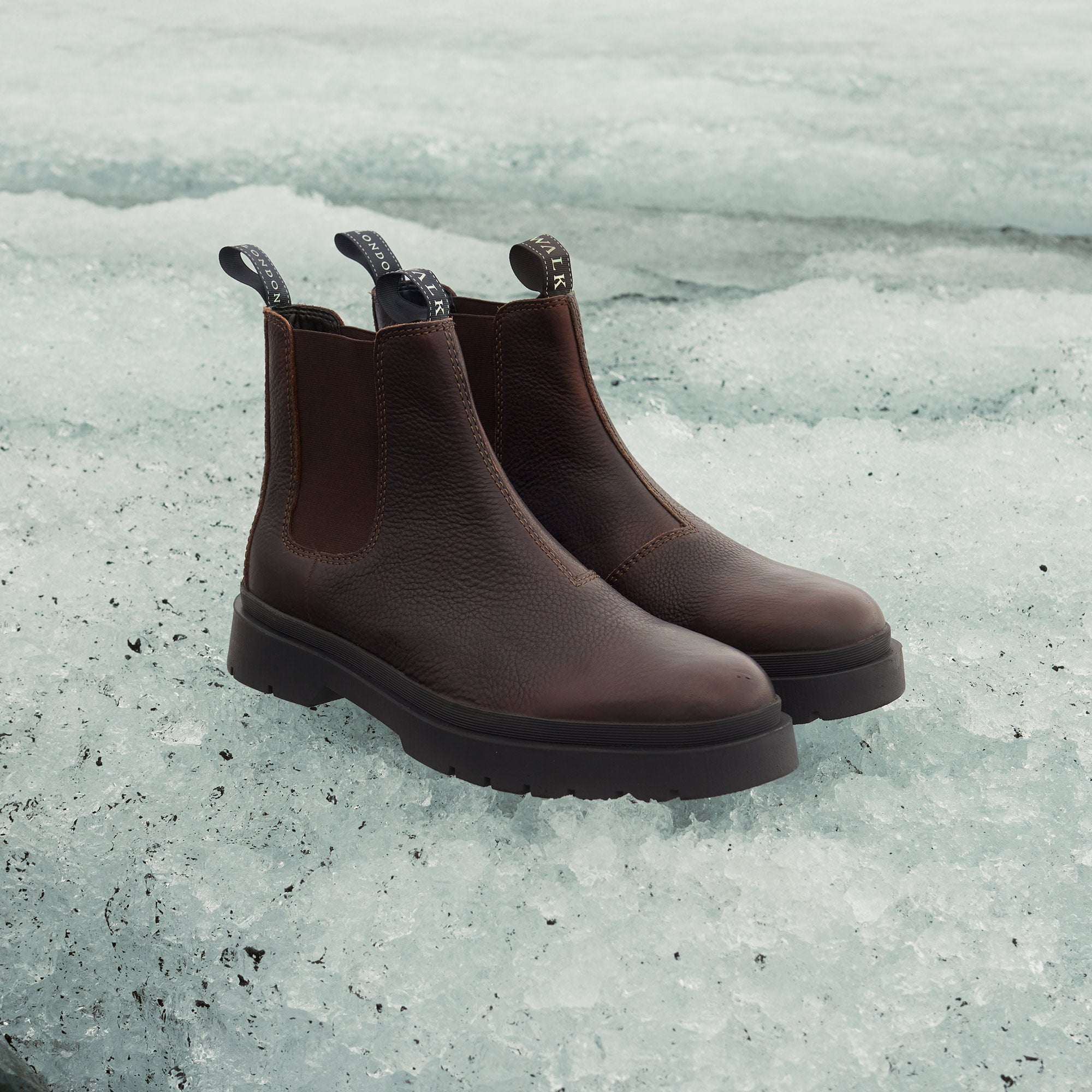 callum seam chelsea brown leather boots on ice glacier