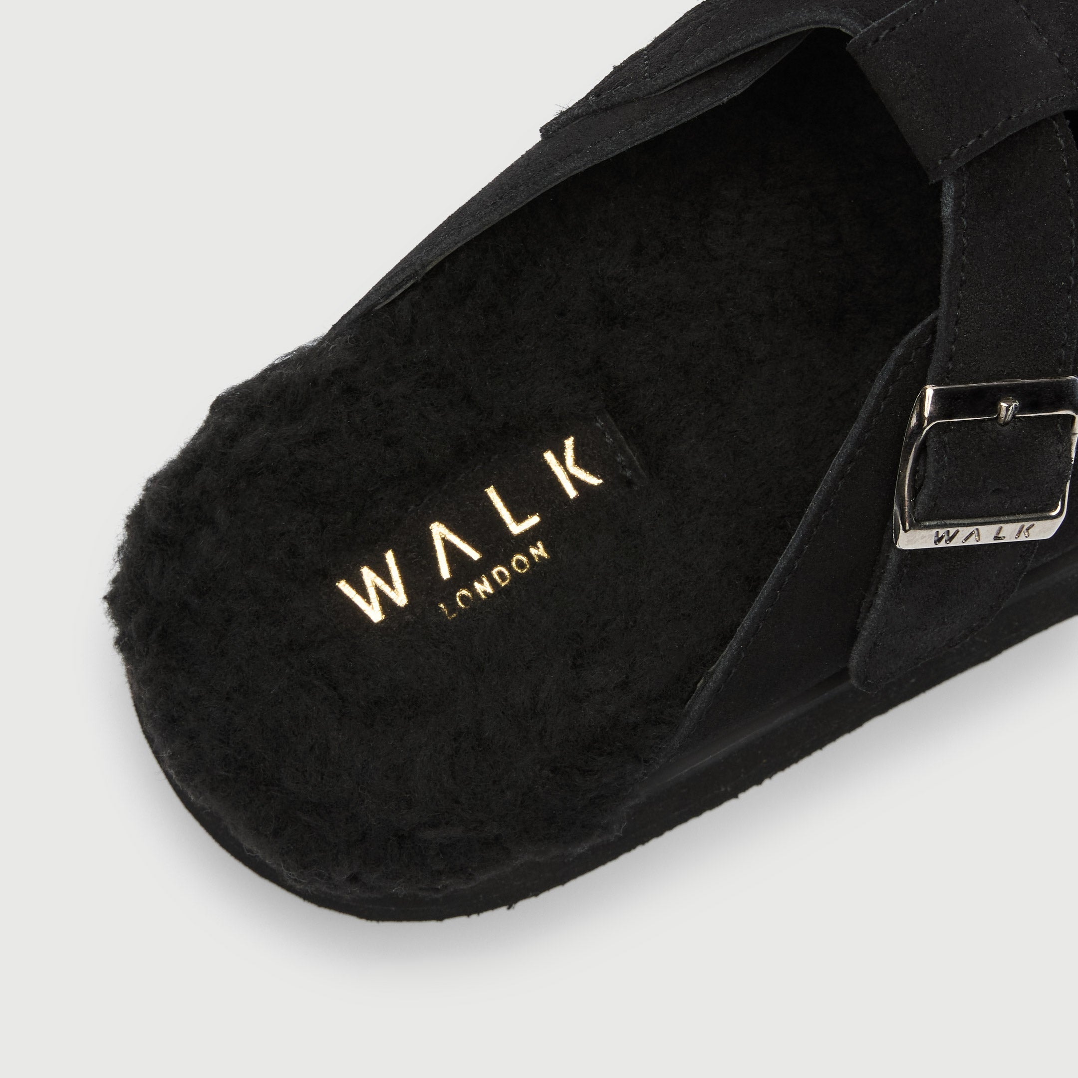 Walk London Women's Barca Fur Clog in Black Suede